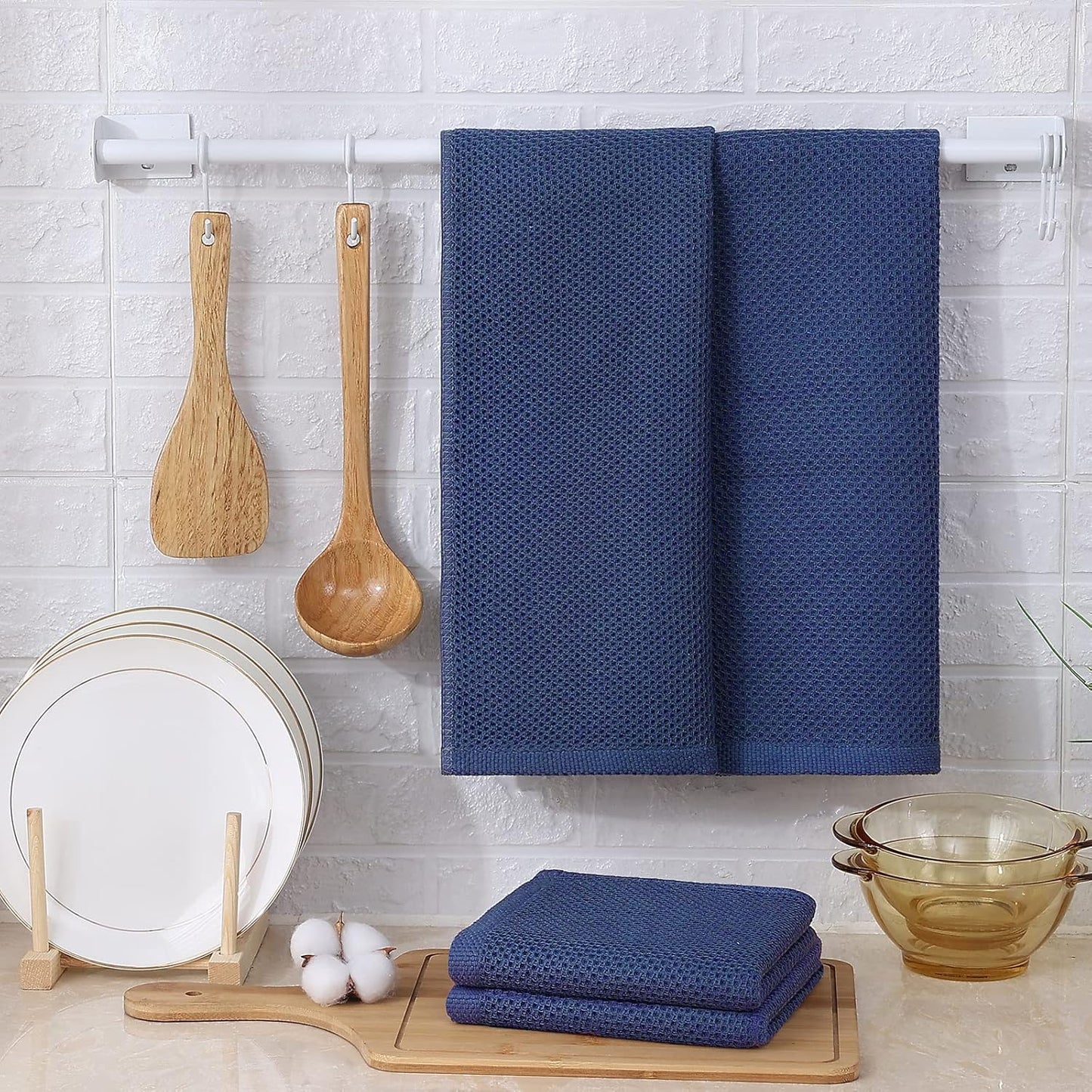 Kitinjoy 100% Cotton Waffle Weave Kitchen Towels, 4-Pack Super Soft and Absorbent Dish Towels for Drying Dishes, Kitchen Hand Towels, 13 in x 28 in, Navy Blue