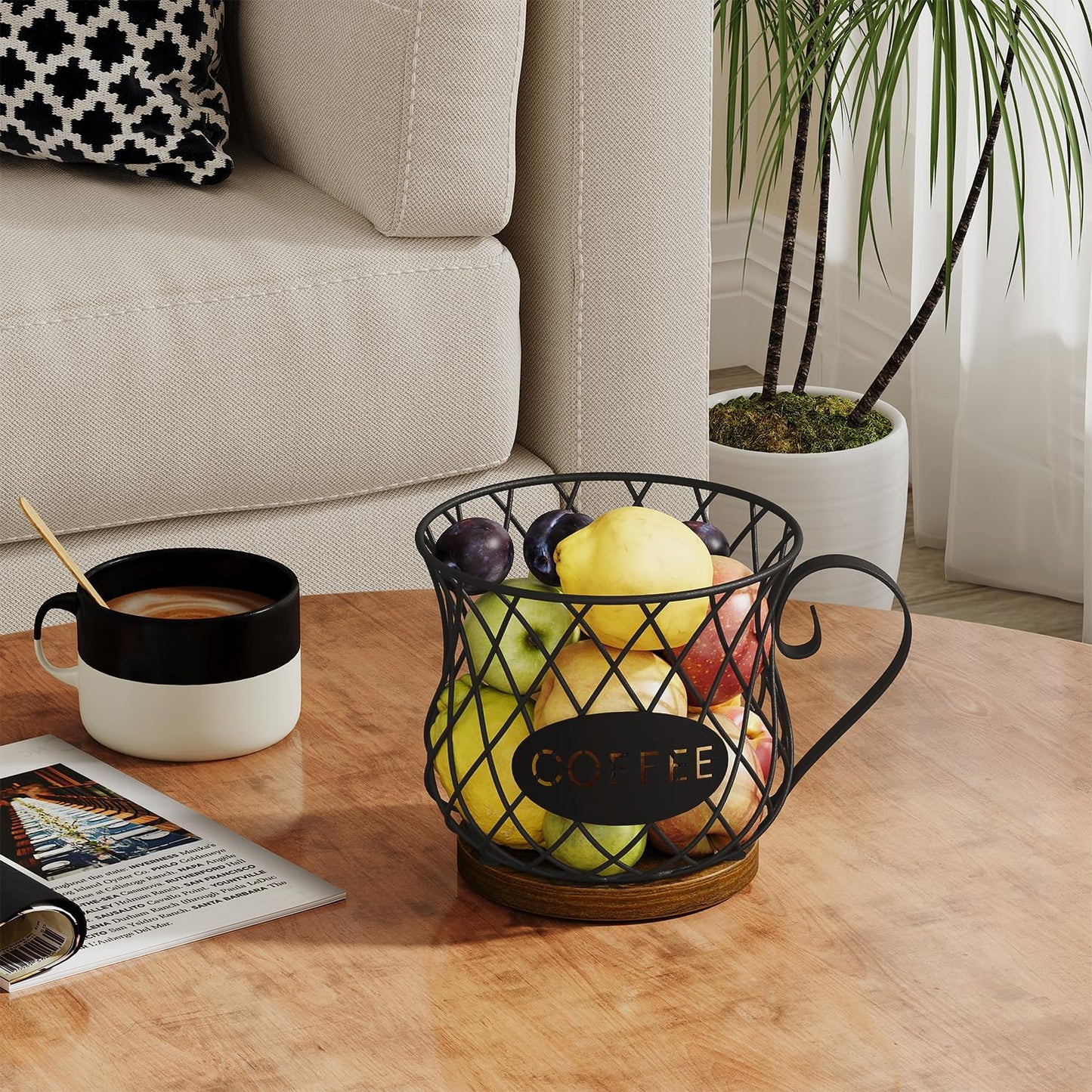 YINMIT K Cup Holder Organizer, Rustic Coffee Pod Holder Organizer, 35 Kcup Holder for Counter with Handle,Large Capacity Black Wire Coffee Capsule Basket for Kitchen Office Desktop (Circular Grid)