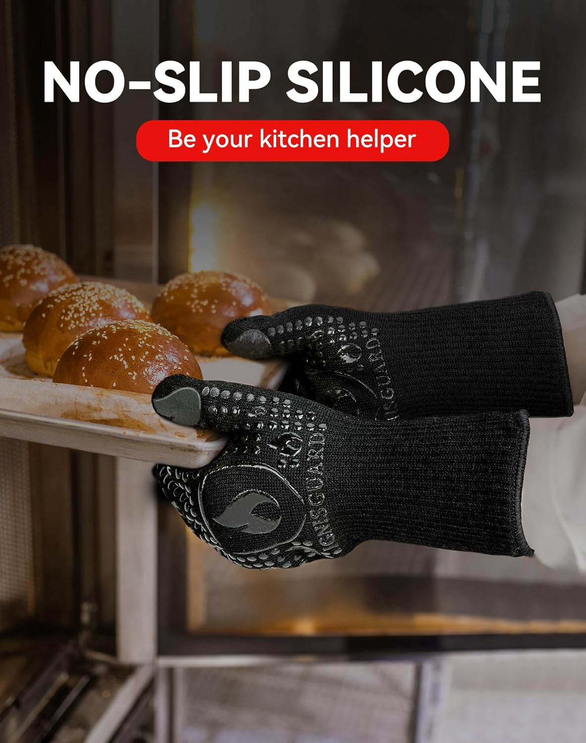 BBQ & Grill Gloves, Oven Gloves, 1472°F Silicone Oven Mitts Heat Resistant Grilling Gloves Fireproof Non-Slip for Barbecue Cooking Baking Smoking, 1-Pair Black(M)