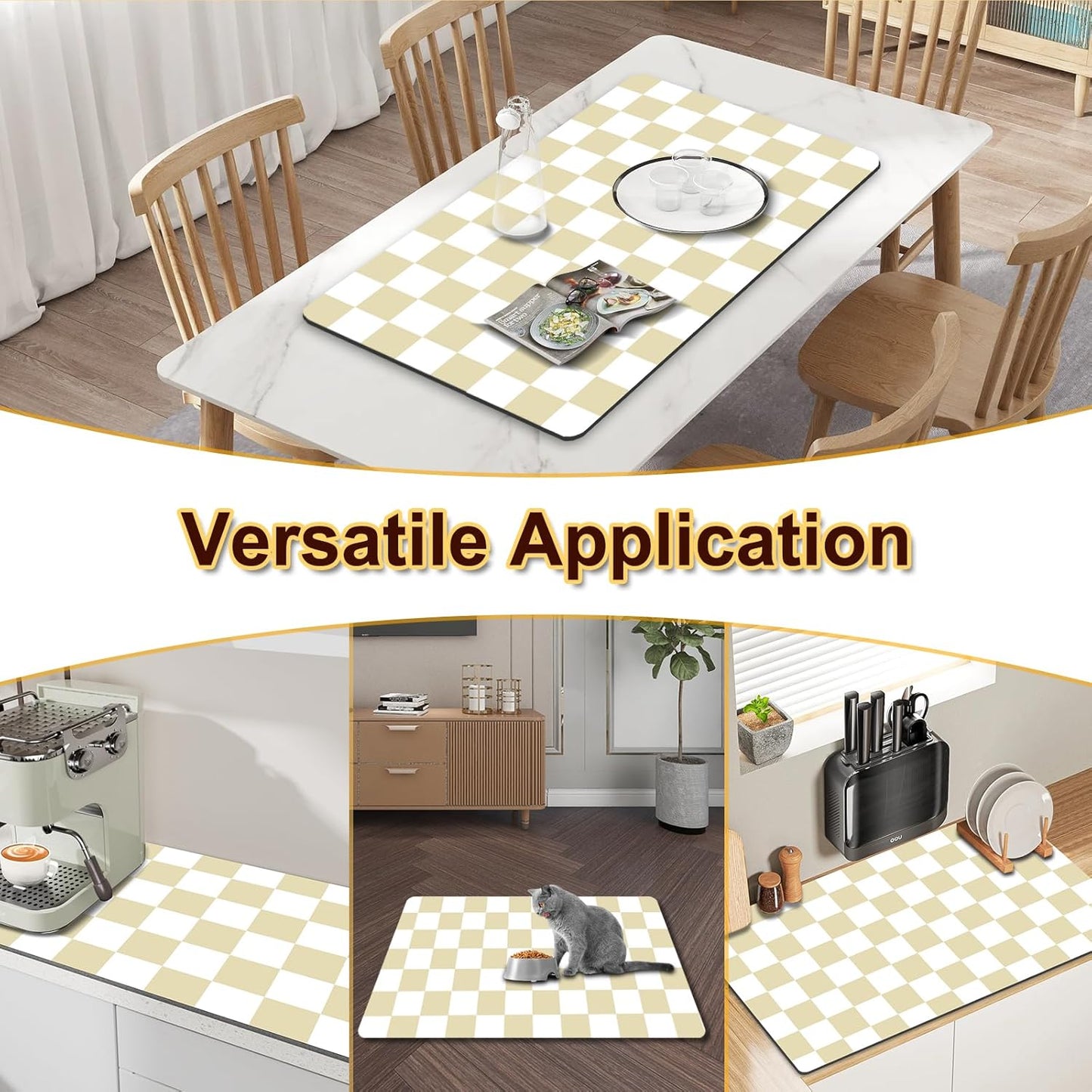 Checkered Dish Drying Mat for Kitchen, 15.7'' x 23.6'' Coffee Bar Mat for Countertops, Coffee Station Mats with Non-slip Rubber Backed, Absorbent Dish Dying Mat for Kitchen Counter, Beige & White