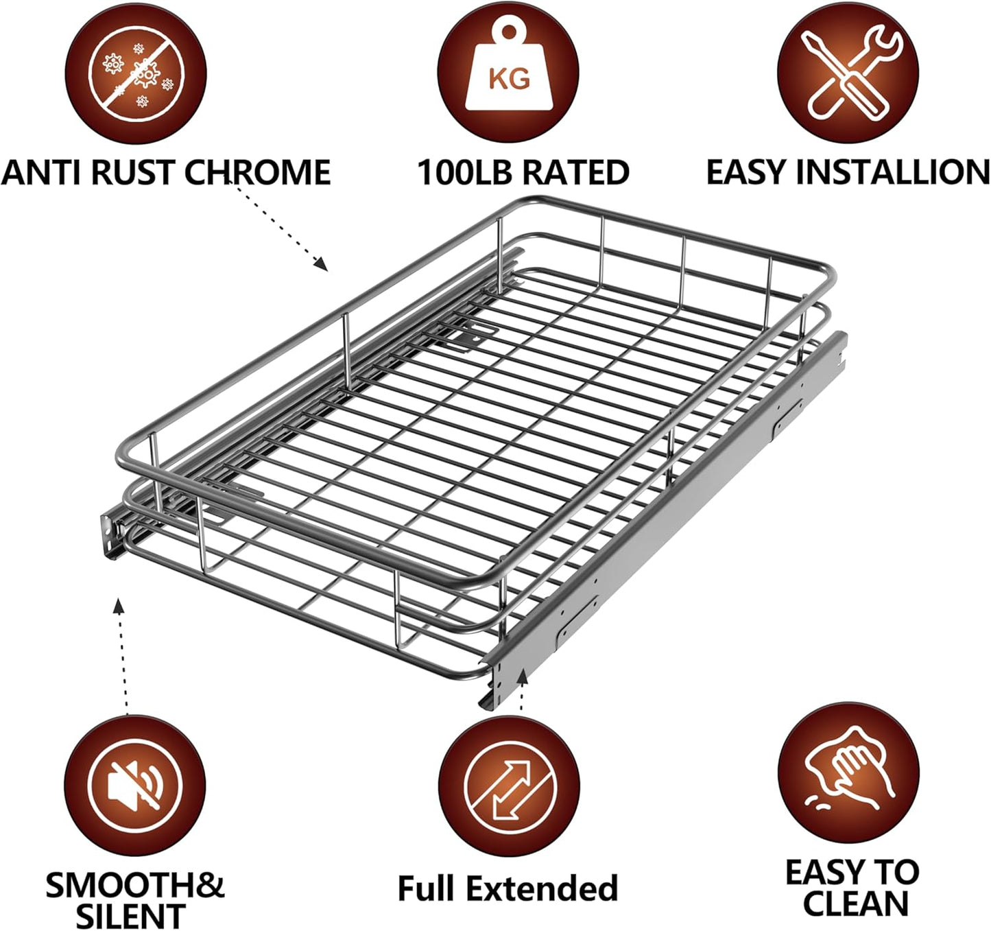 Heavy-Duty Premium Slide Out Shelves, Metal Roll Out Shelves for Kitchen Cabinets, Anti-Rust Chrome Finish (17" W x 21" D)