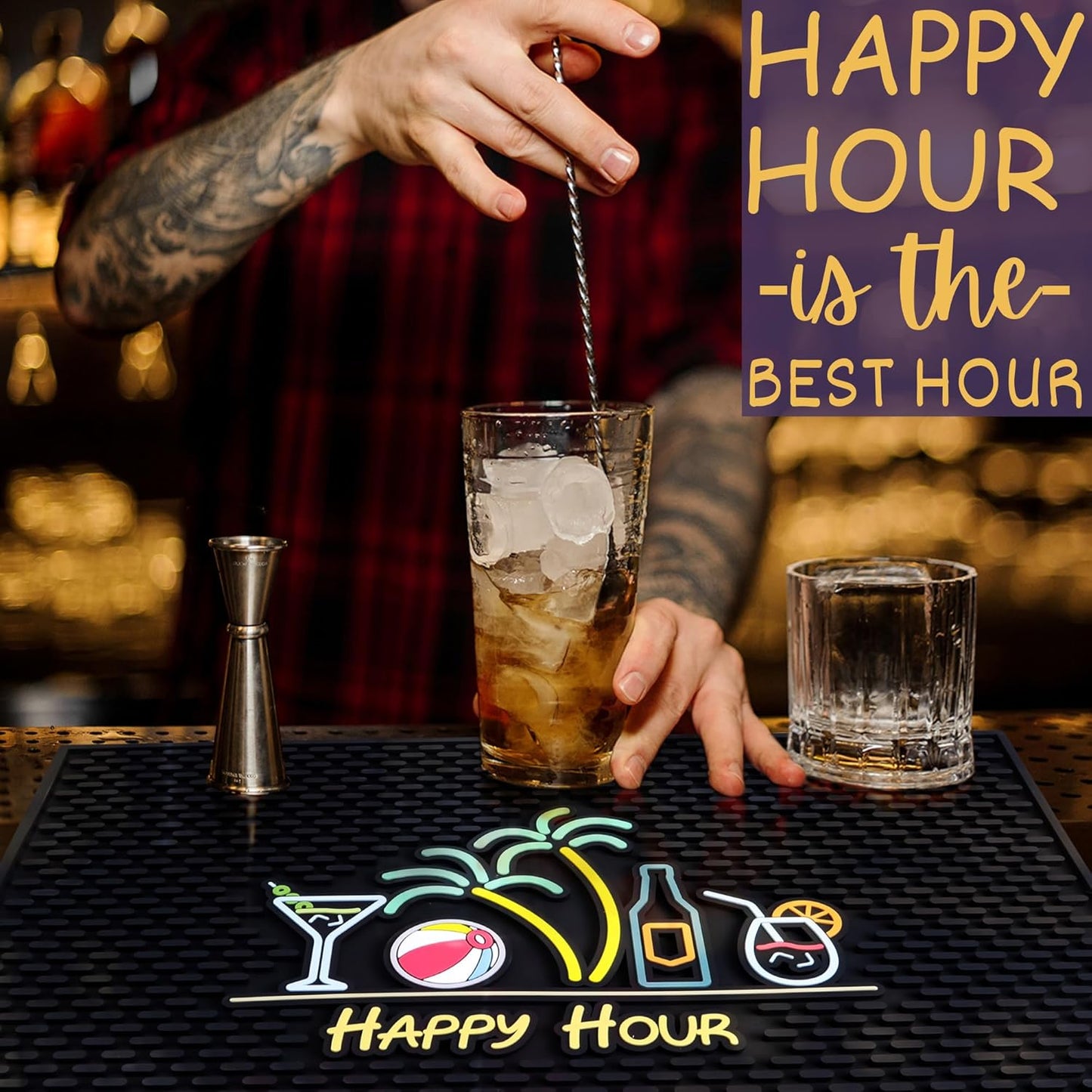 Tiki Bar Decor Happy Hour Mat 18x12 in, Tiki Bar Mats for Countertop with Martini, Beach Ball, Palm Trees, Beer Bottle and Cocktail Design - Outdoor Tiki Bar Mat, Tiki Decor Bar Mats for Bartending