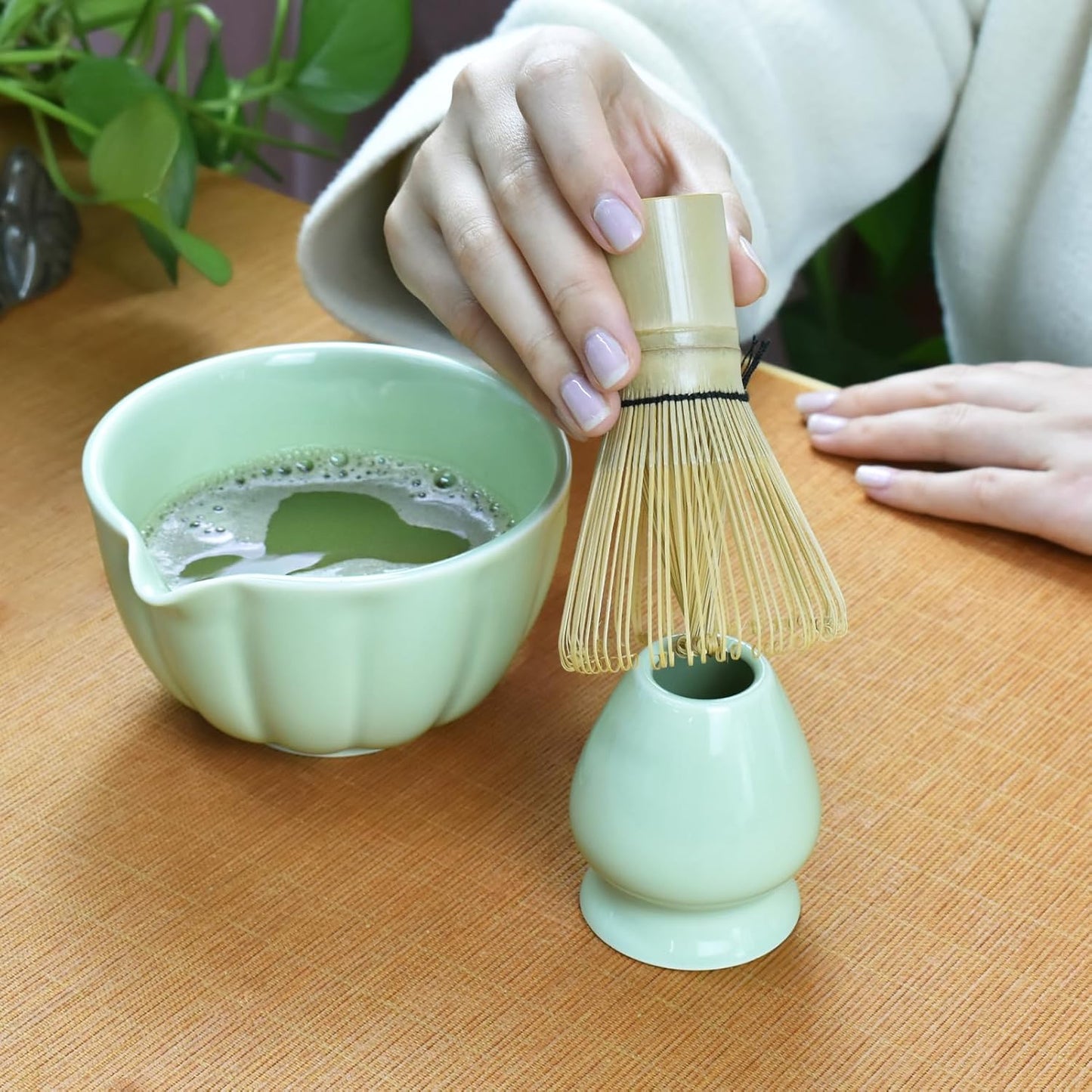 Artcome 7 Pcs Japanese Matcha Tea Set - Matcha Bowl with Pouring Spout, Matcha Whisk, Tea Scoop, Whisk Holder, Handmade Matcha Ceremony Kit For Japanese Tea Ceremony, Green