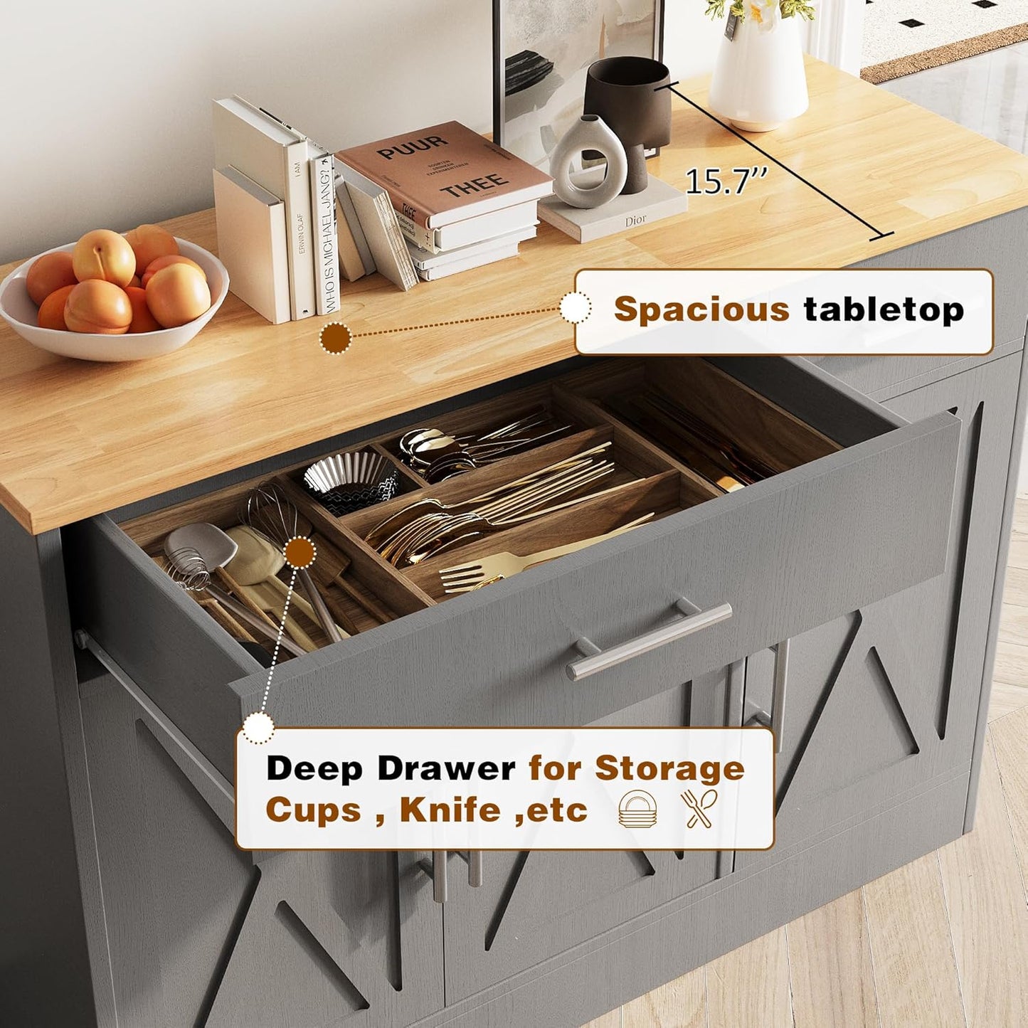 Vongrasig 43” Sideboard Buffet Cabinet with Storage, Farmhouse Coffee Bar with Drawers and Shelves, Wood Buffet Table for Kitchen Dining Room, Living Room, Grey