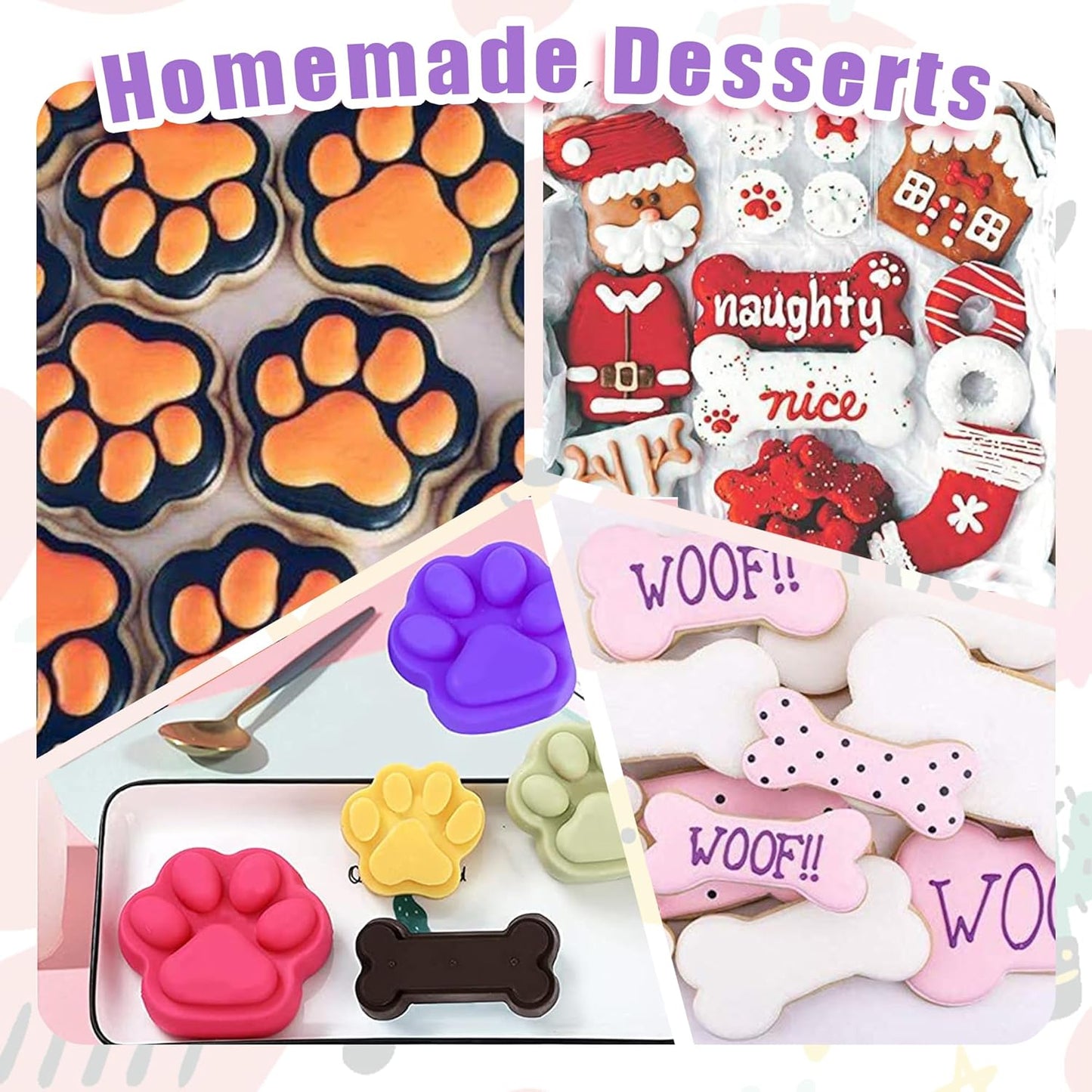 RUGVOMEM Set of 8 Silicone Dog Treat Molds, 3 Pieces 2 in 1 Dog Paw and Bone Shaped Molds & 5 Pieces Bone Cookie Cutter