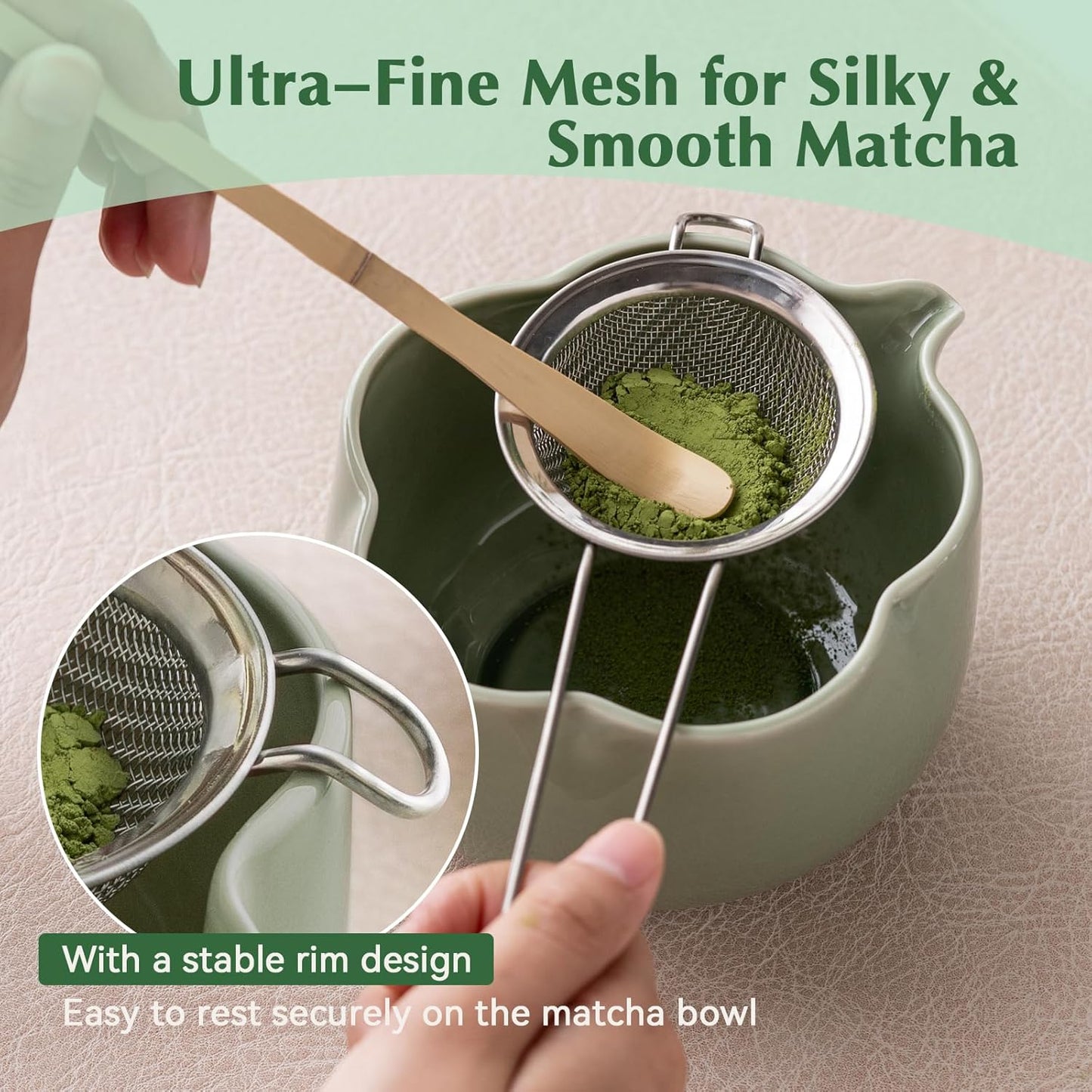 Matcha Set, 8Pcs Floral Ceramic Matcha Set with Matcha Whisk, Holder, Scoop, Scoop Rest, Sifter, Spoon and Tea Towel - Thoughtful Matcha Whisk Set Gift for Matcha Lovers (Green)