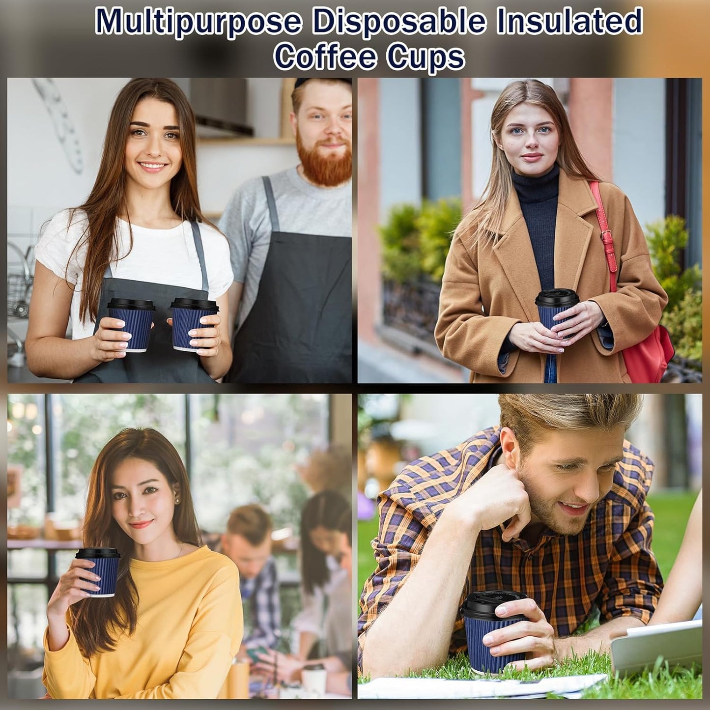 Uiifan 100 Set 4oz Disposable Espresso Cups with Lids Ripple Corrugated Paper Disposable Coffee Insulated Hot Ripple Cups for hot Chocolate, Tea, and Cocoa Drinks(Blue)