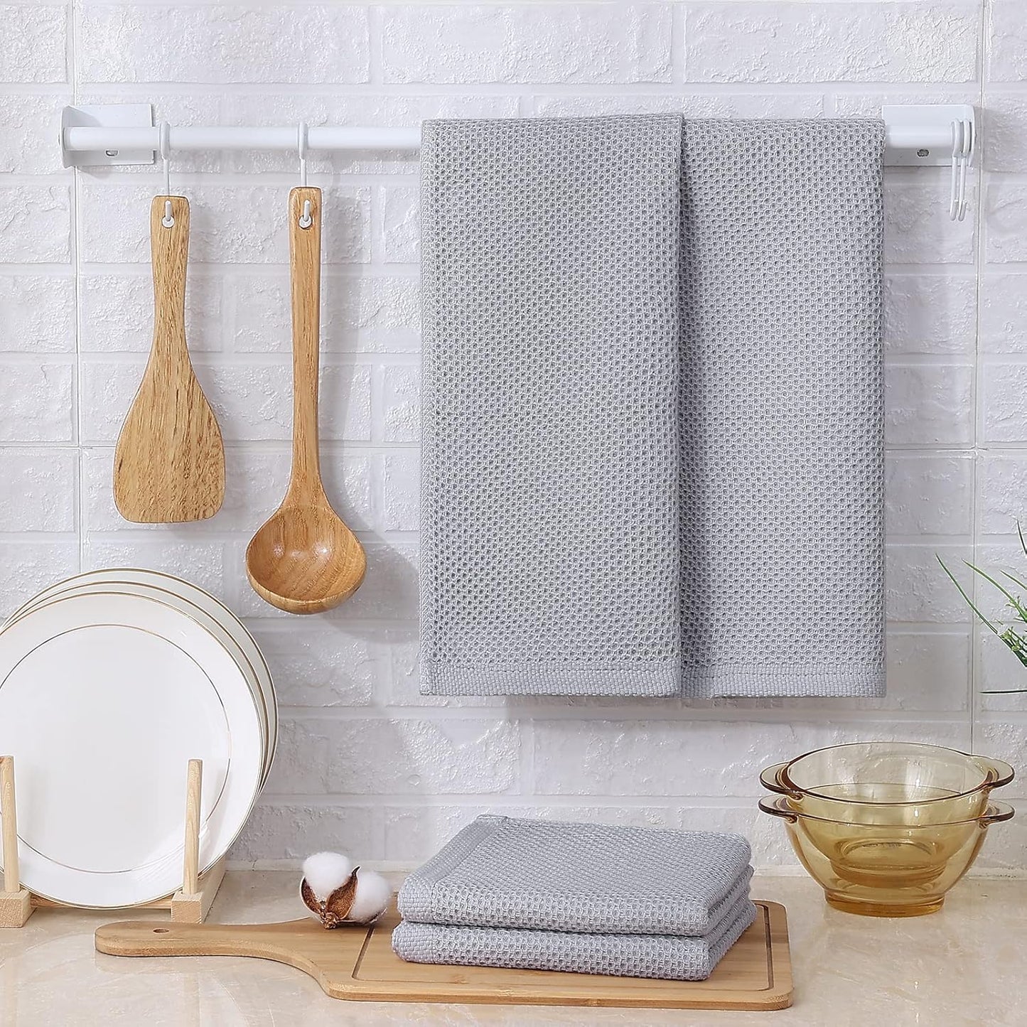 Kitinjoy 100% Cotton Waffle Weave Kitchen Dish Towels, 4-Pack Super Soft and Absorbent Kitchen Towels, 13 in x 28 in, Light Grey