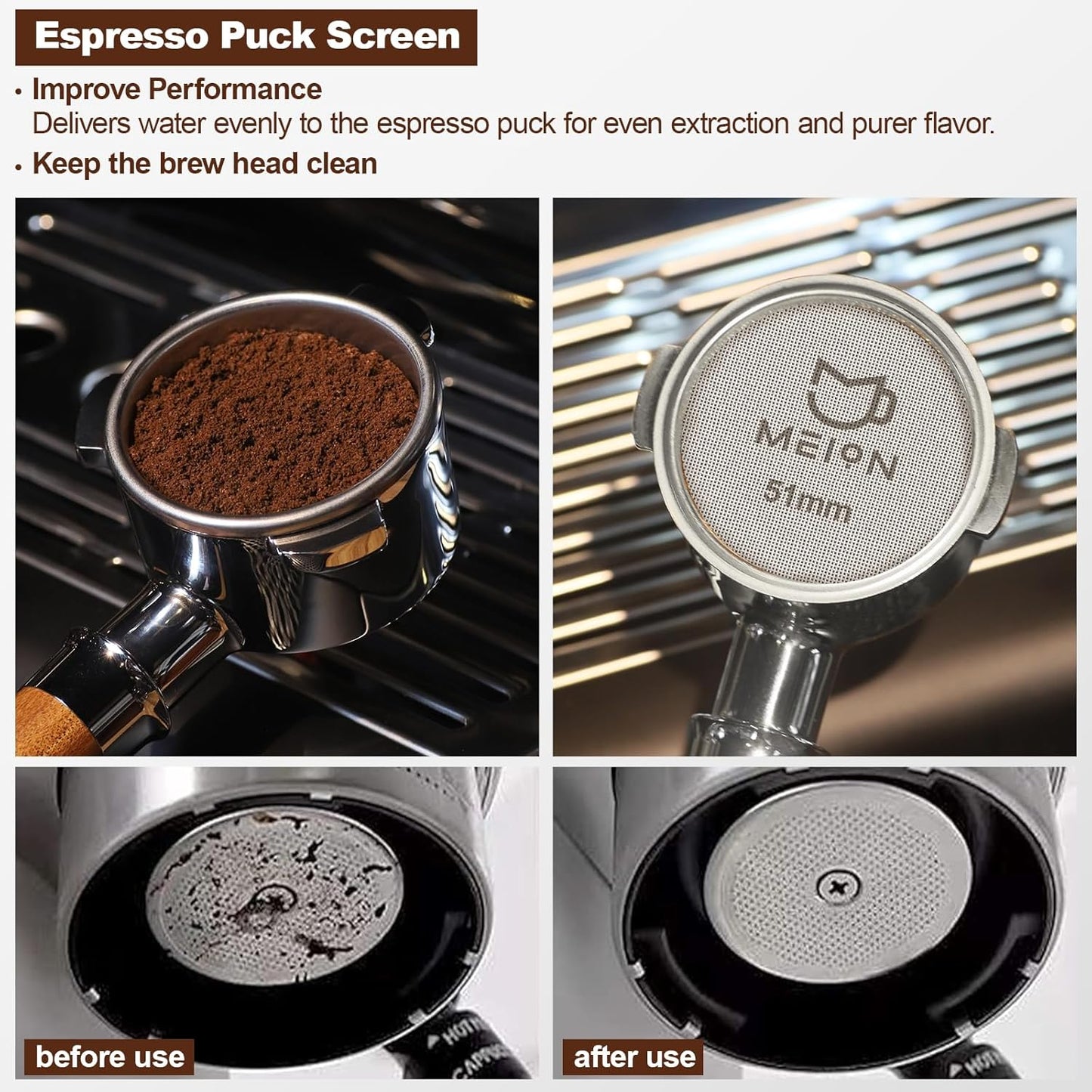 MEION 51mm Espresso Dosing Funnel and 51mm Puck Screen Set for 51mm Portafilters, Magnetic Coffee Portafilter Funnel, Reusable Espresso Puck Screen, Espresso Tools Espresso Accessories (51mm, Black)