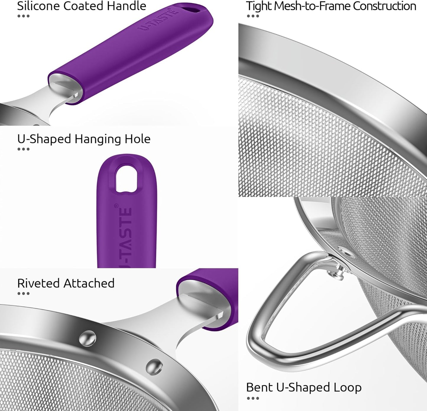 U-Taste Small Fine Mesh Strainer: 18/8 Stainless Steel 3.35in 30 Mesh Kitchen Food Sieve with Sturdy Riveted Silicone Handle, Heavy Duty Deep Handheld Metal Colander for Tea, Juice (Purple)