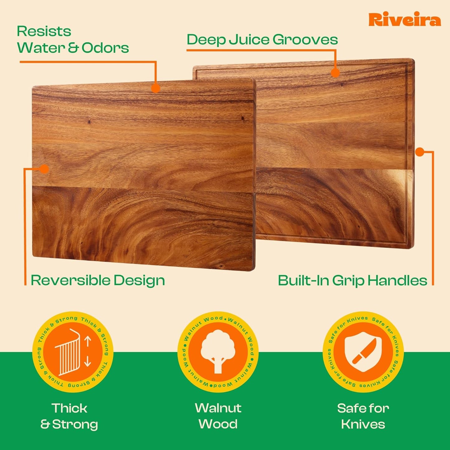 Riveira Walnut Cutting Board Set – Versatile And Durable: Set Of 3 Pcs Rectangular Wooden Cutting Board – Natural Wooden Cutting Boards For Kitchen – Complete Walnut Wooden Chopping Board