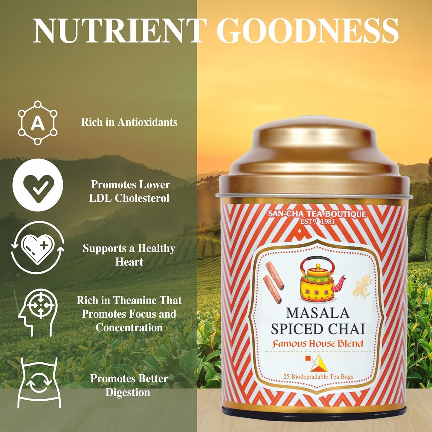 Sancha Tea Boutique, Masala Chai, Spiced Tea, 25 Pyramid Bags, India’s Famous Chai, Blend of Cinnamon, Ginger & Cardamom