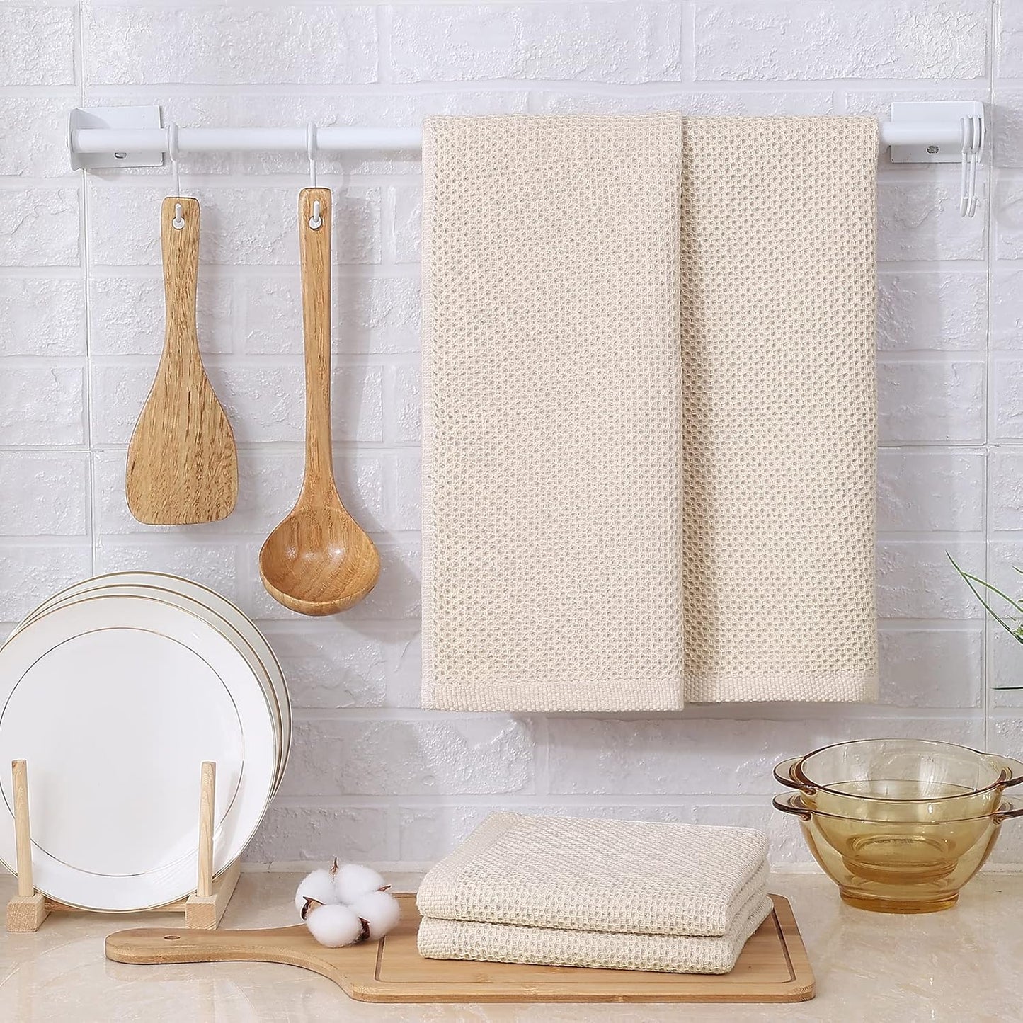 Kitinjoy 100% Cotton Waffle Weave Kitchen Towels, 4-Pack Super Soft and Absorbent Dish Towels for Drying Dishes, Kitchen Hand Towels, 13 in x 28 in, Beige