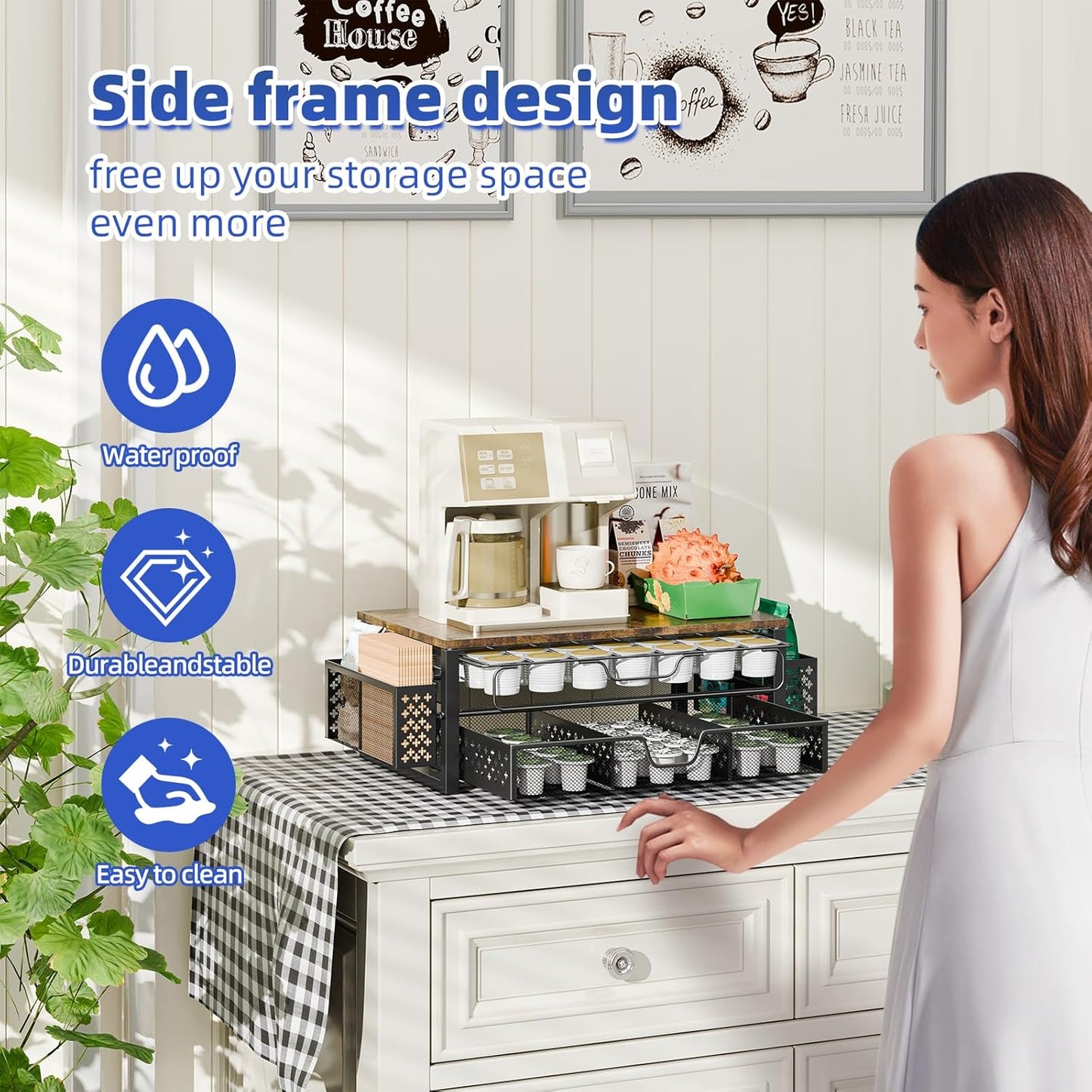 Simple Trending Coffee Pod Holder for K Cups, with 2 Tier Slidng Storage Drawer and Coffee Accessories Holder, 63 Large or 80 Small Capsule Organizer, Black