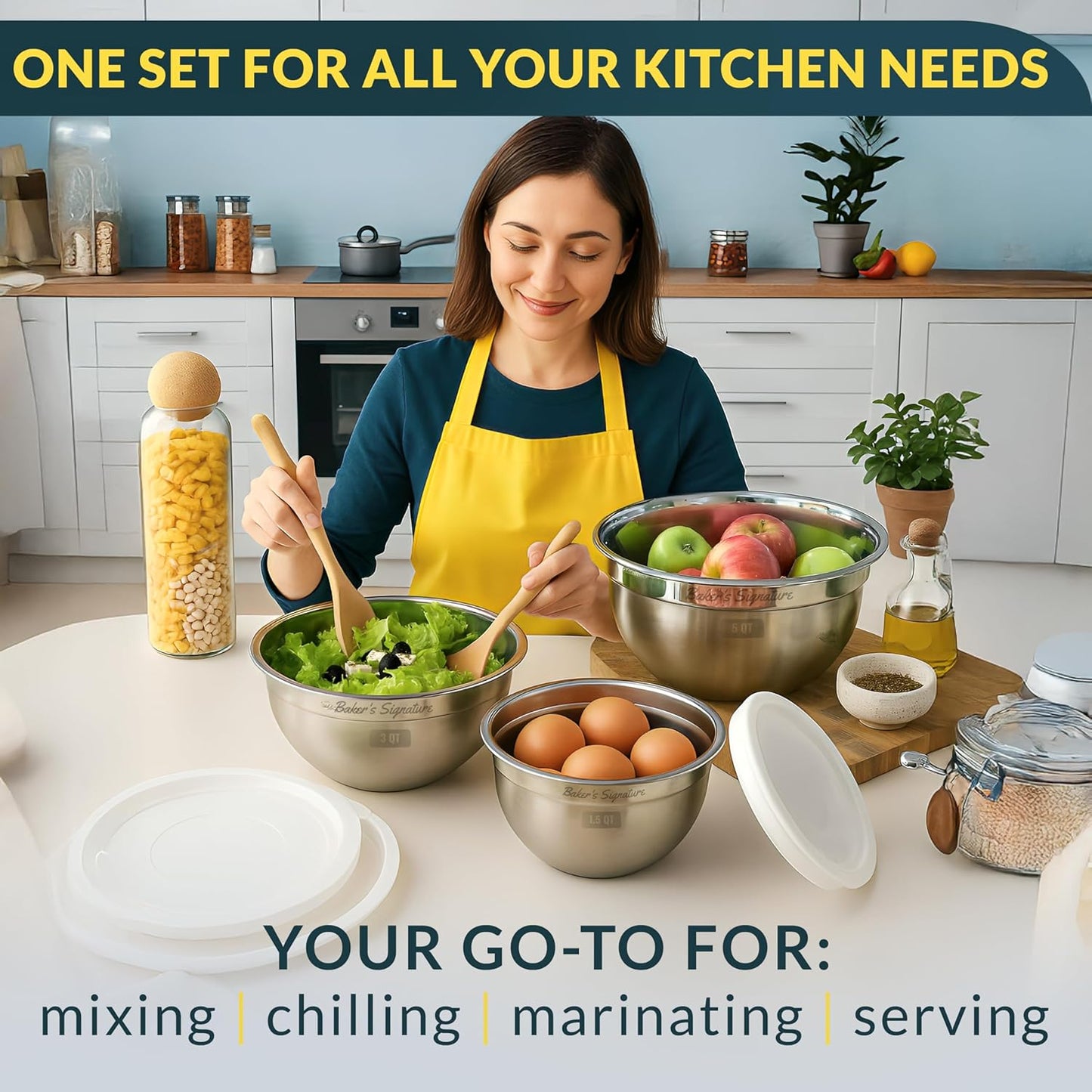 Baker's Signature Stainless Steel Mixing Bowls With Lid, Metal Mixing Bowl Set Of 3, Nesting Set For Food Prep, Baking,Storage, Cooking, Serving | Dishwasher Safe, Silver, 1.5/3/5 Qt