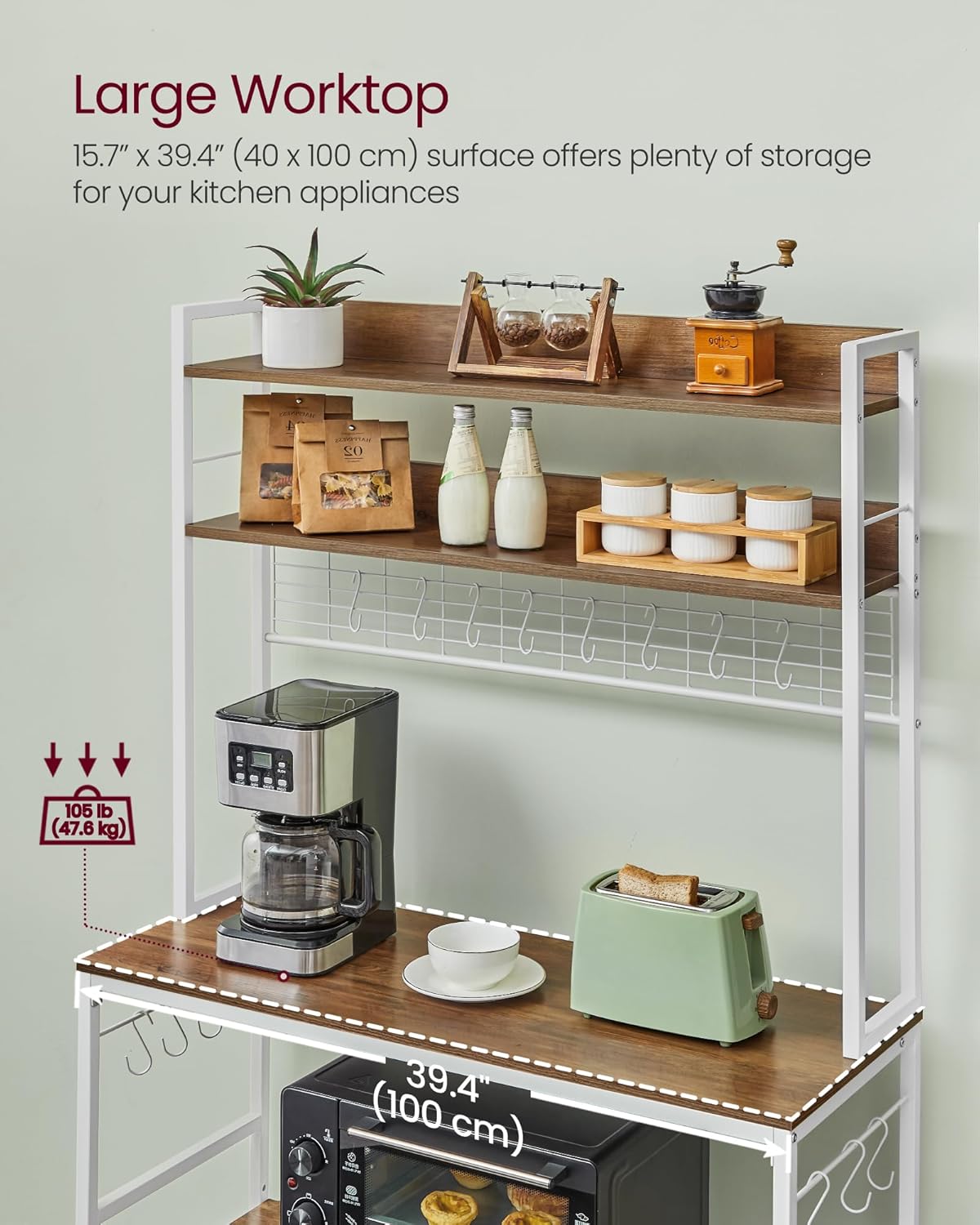 VASAGLE Hutch Bakers Rack with Power Outlet, 14 Hooks Microwave Stand, Adjustable Coffee Bar with Metal Wire Panel, Kitchen Storage Shelf, 15.7 x 39.4 x 66.9 Inches, Rustic Walnut and White UKKS038W41