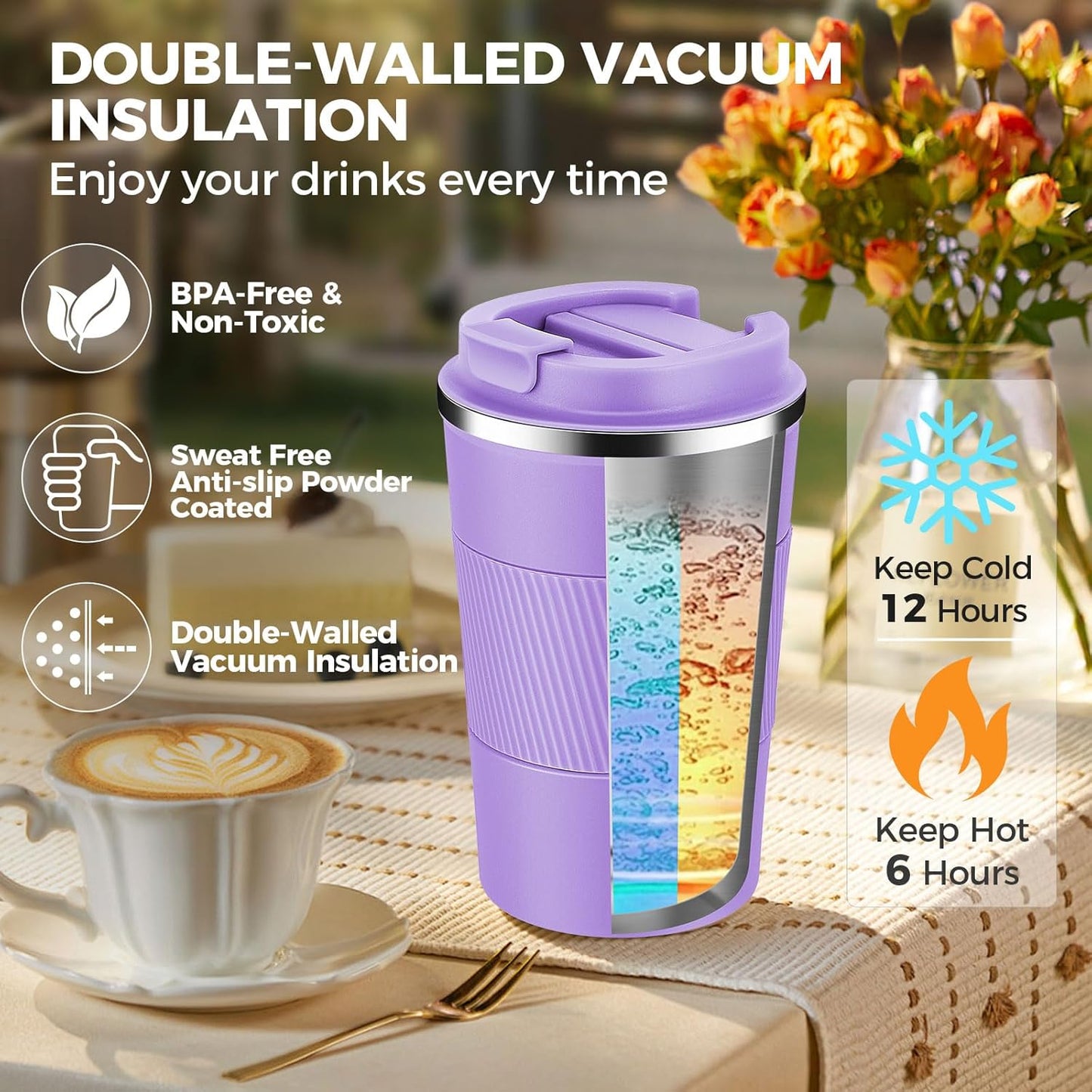 Volhoply 13 oz Stainless Steel Insulated Travel Coffee Mug with Fip Lid Bulk 2 Pack,Reusable Double Wall Vacuum Metal Coffee Cup,Portable Leak Proof Thermal Tumbler for Hot & Cold Drinks(Purple,2)
