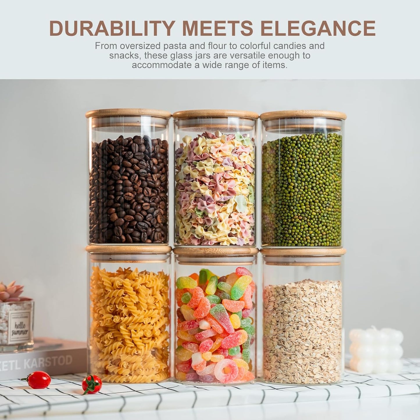 50oz Glass Food Storage Jars Set of 6,Glass Storage Containers Clear Glass Food Canister with Bamboo Lid Airtight For Serving Tea, Coffee, Flour, Sugar, Candy, Cookie, Spice and More (Round)