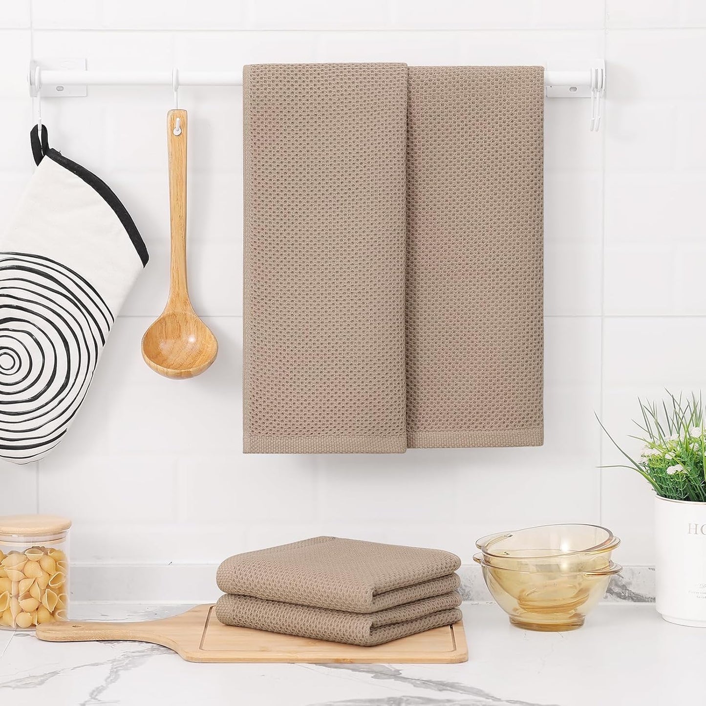 Kitinjoy 100% Cotton Waffle Weave Kitchen Towels, 6-Pack Super Soft and Absorbent Dish Towels for Drying Dishes, Kitchen Hand Towels, 13 in x 28 in, Tan