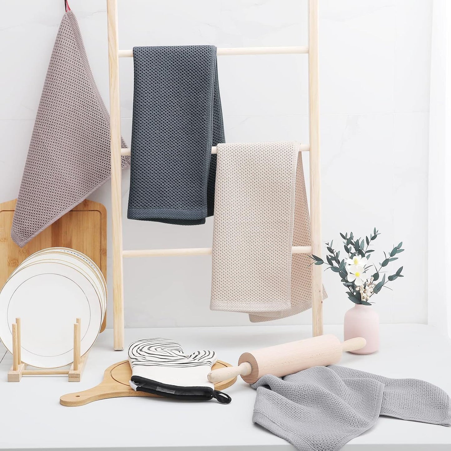 Homaxy 100% Cotton Waffle Weave Kitchen Dish Towels, Ultra Soft Absorbent Quick Drying Cleaning Towel, 13 x 28 Inches, 8-Pack, Dark Grey