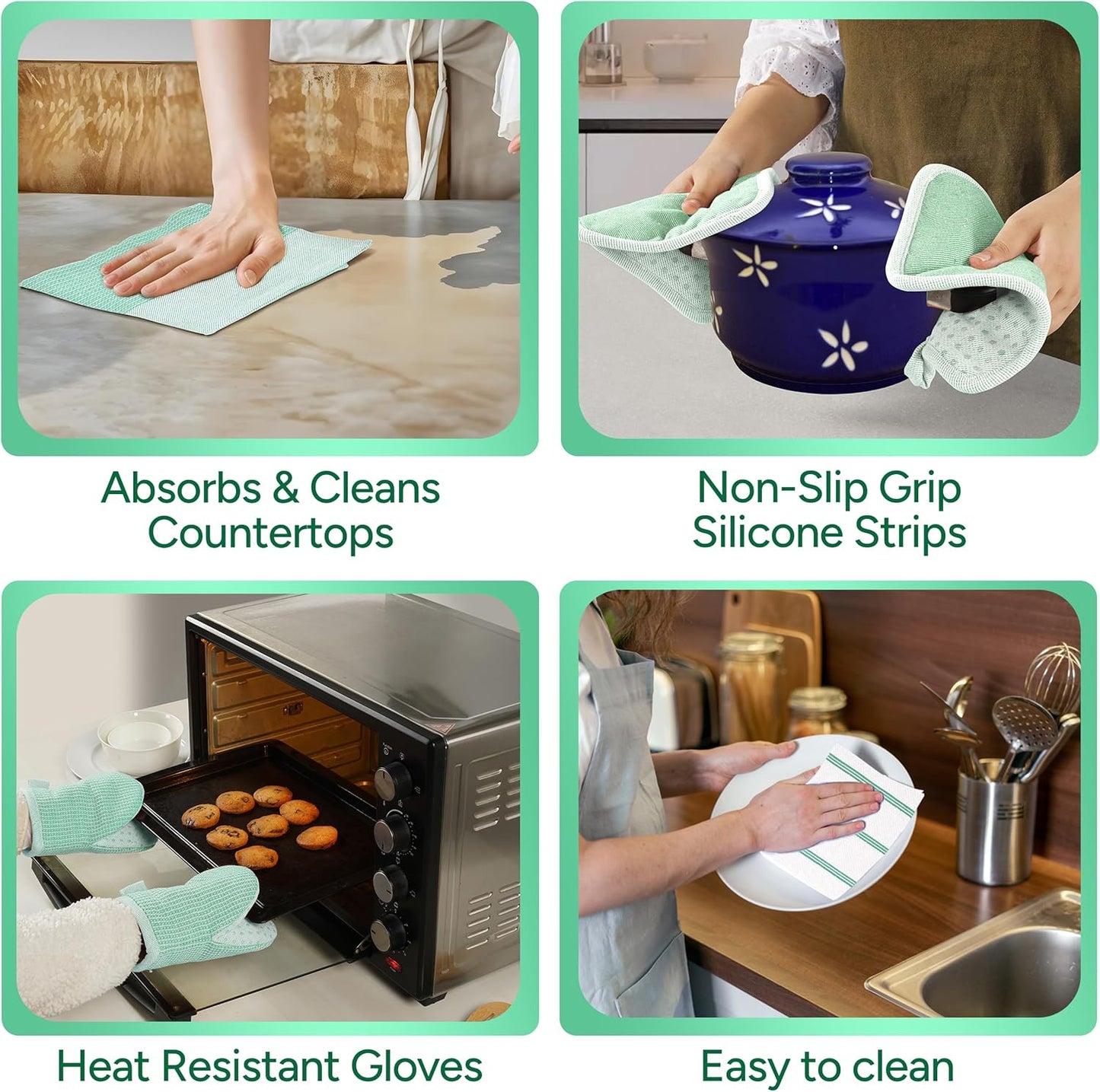 Casa Platino Potholders & Oven Mitts Heat Resistant, 8-Piece Mini Oven Mitts with Silicone Grip, Potholders for Kitchens, 2 Kitchen Towels & 2 Dish Cloths – Durable & Non-Slip – Sage