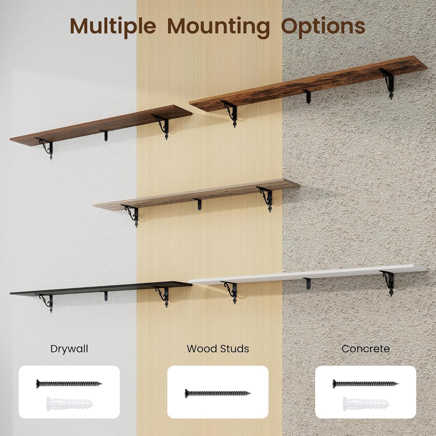 RICHFOCUS Floating Shelves for Wall Decor, 55.1W x 8D Shelves Set of 2, 8 Inch Deep Rustic Wood Shelves Wall Mounted with Brackets, Long Floating Shelves for Living Room Bedroom Kitchen, White