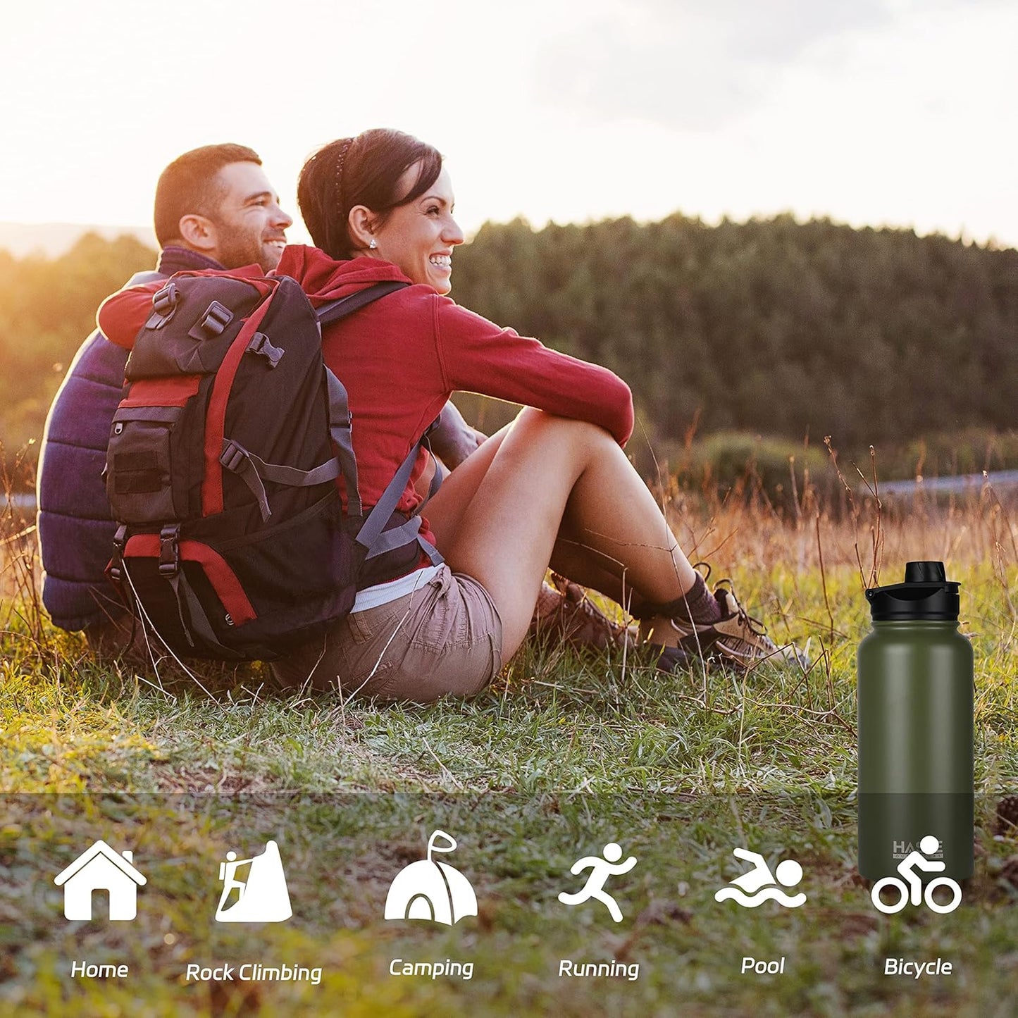 HASLE OUTFITTERS 32 oz Insulated Water Bottle Stainless Steel Double Walled Vacuum Sports Water Bottle with 2 Lids (Straw and Spout Lid) for Gym Camping Hiking(Army Green,1)