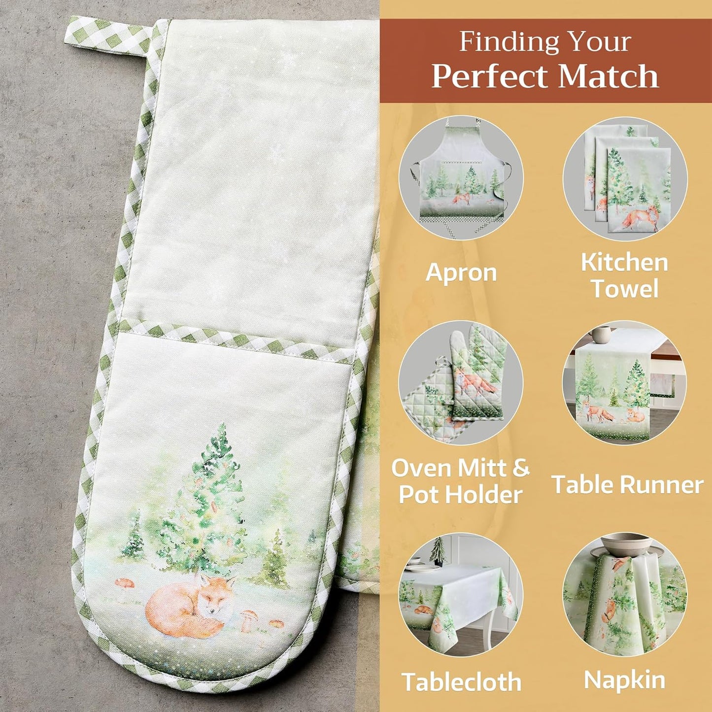 Maison d' Hermine Double Oven Mitts 100% Cotton 7"x35" Double Oven Mitt Heat Resistant BBQ Cooking Gloves with Loop, Baking, Grilling, Home, Kitchen, Handling Hot Pans (Winter Mornings)