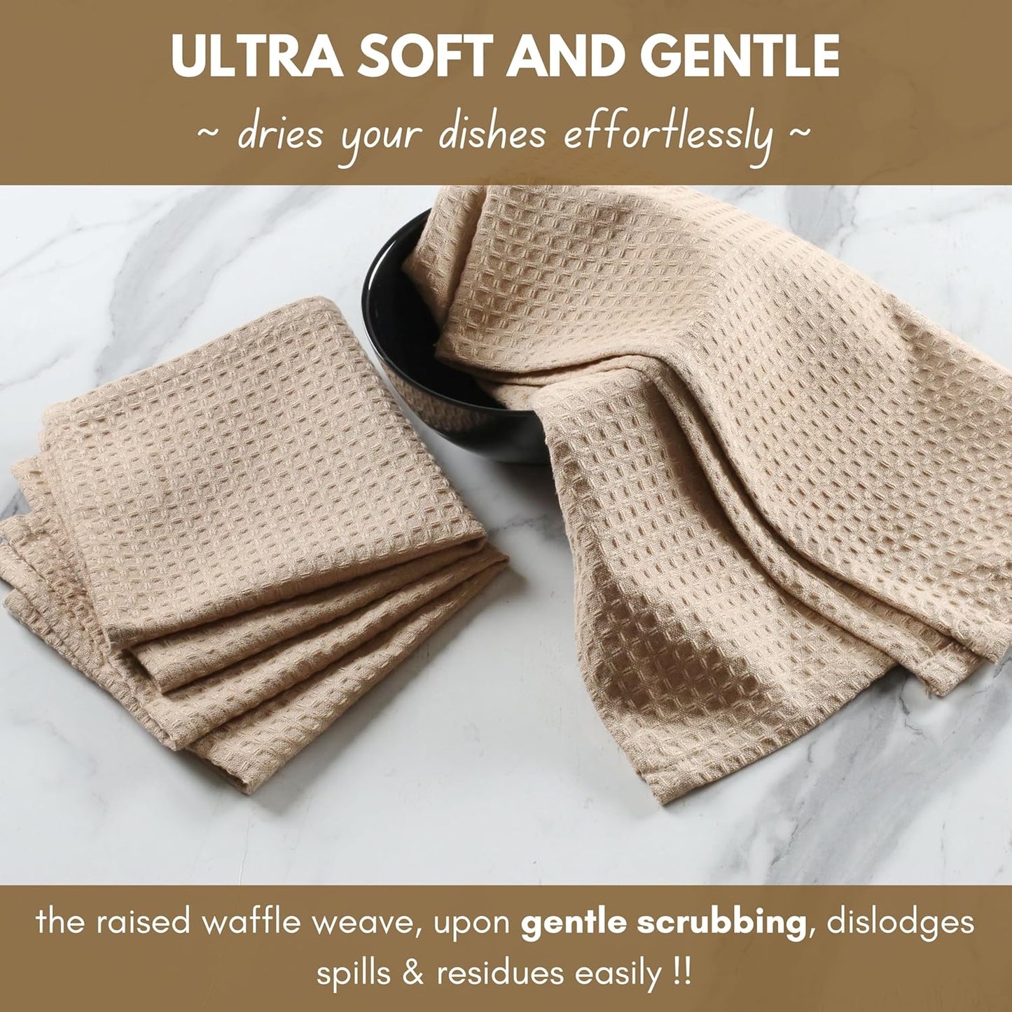 Native Fab Waffle 12 Pack Dish Cloths - 100% Cotton, Absorbent, Quick Drying, Washable Towels for Cleaning, Cooking & Baking - Great for Daily Use, Home, Restaurants, Cafes - 12" x 12" - Beige