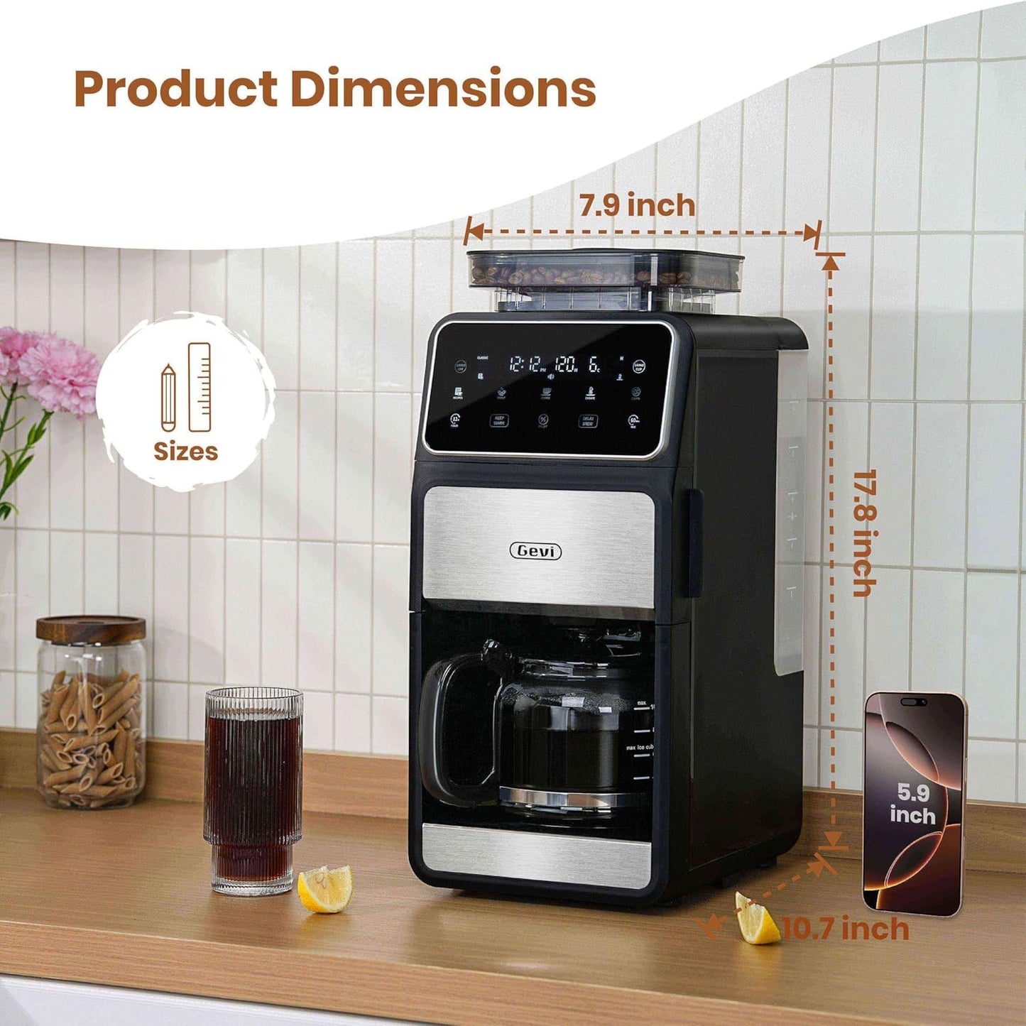 Gevi 10-Cup Grind & Brew Coffee Maker with Built-in Burr Grinder – Programmable Touch Screen, 4-Hour Keep Warm, Permanent Filter, Drip Coffee Machine for Home & Office