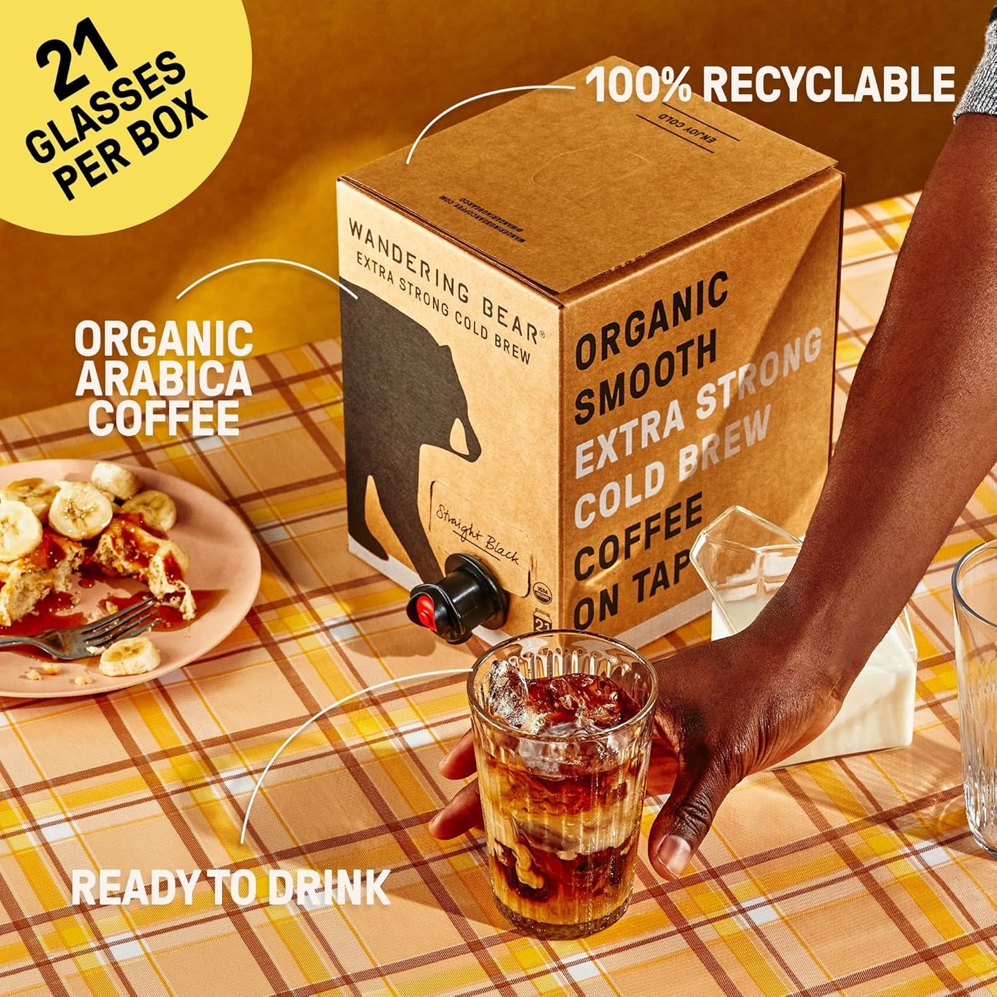 Wandering Bear Straight Black Organic Cold Brew Coffee On Tap, 128 fl oz (1 gallon) - Extra Strong, Bold, Smooth, Unsweetened, Shelf-Stable, Ready to Drink, 100% Organic Iced Cold Brewed Coffee Drinks