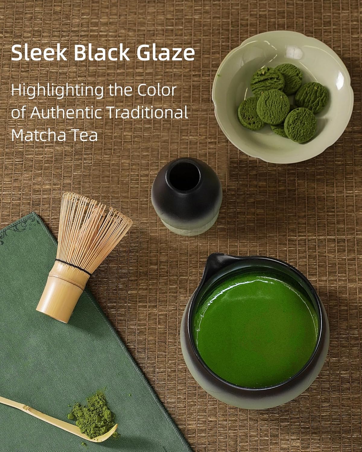 ZENS Matcha Whisk Set, 15oz Ceramic Matcha Set with Bowl and Bamboo Whisk, Scoop, (Chasen Holder) -Tea Towel, 5pcs Matcha Kit for Matcha Lovers, Sage Green