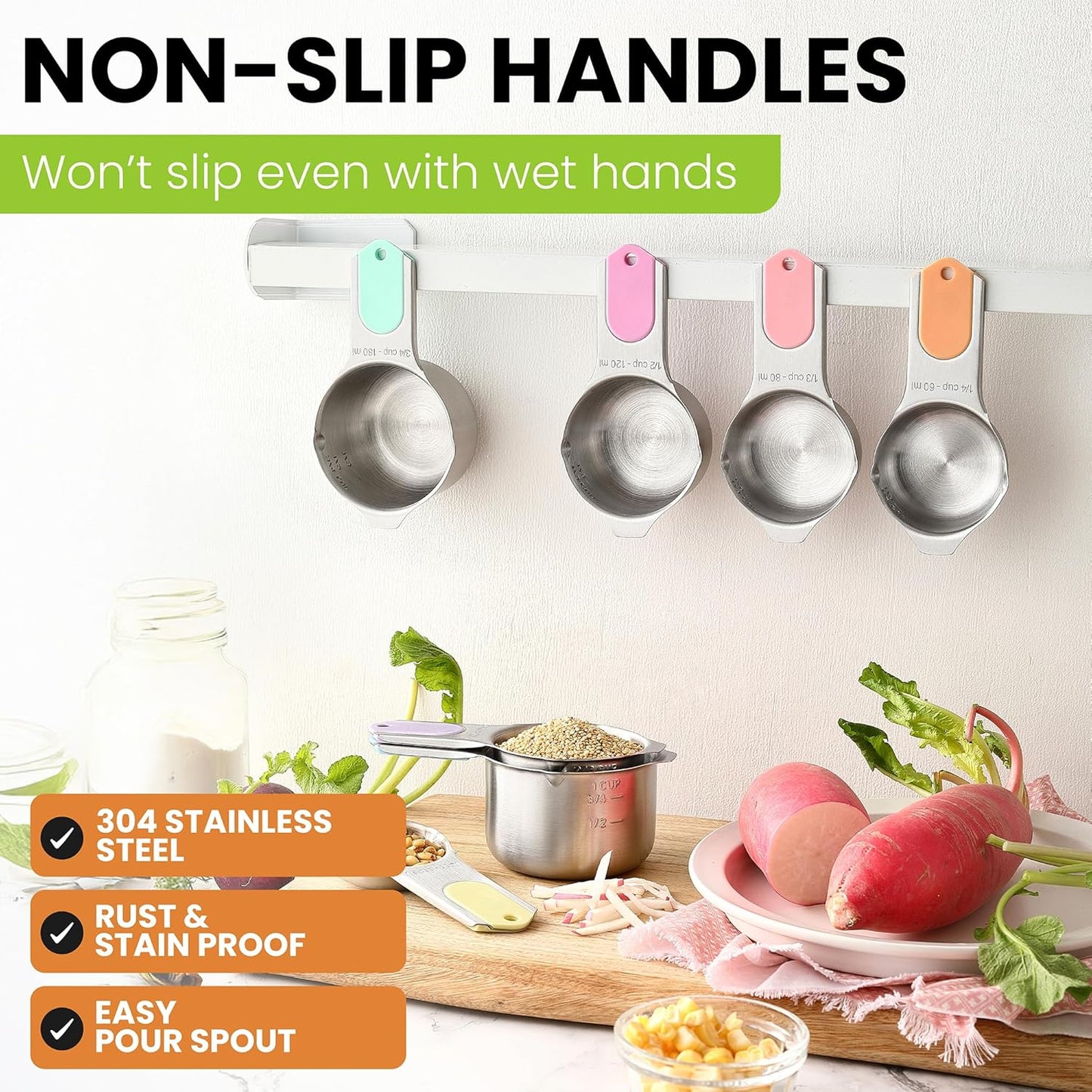 Spring Chef Magnetic Stainless Steel Measuring Cups (Patent Pending), Kitchen Tools with Easy to Read Markings for Measuring Dry or Liquid Ingredients, Set of 7, Pastel