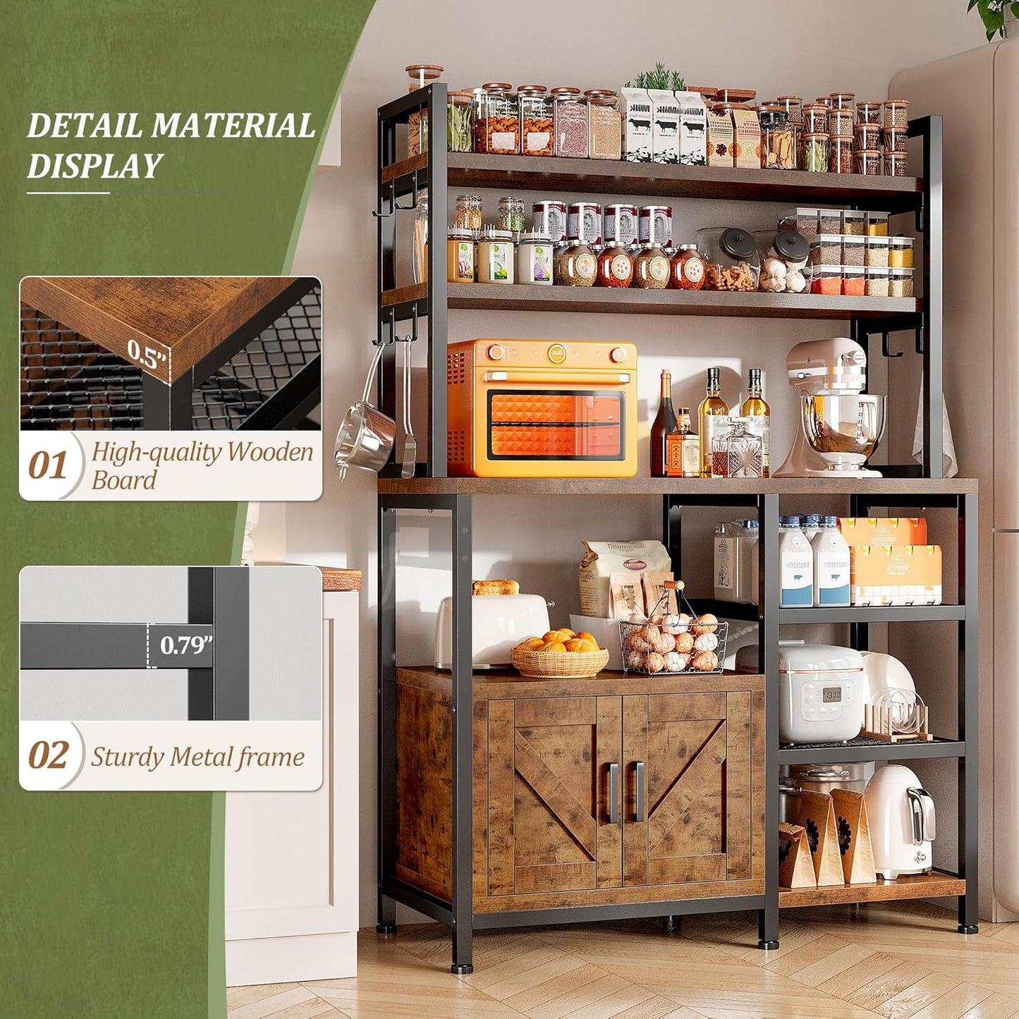 EnHomee Bakers Rack, 6 Tier Microwave Stand, Coffee Bar Organizer with 8 L-Shaped Hooks, Kitchen Shelves with Large Capacity Storage, 14.1 x 30.1 x 63.1 Inches, Rustic Brown