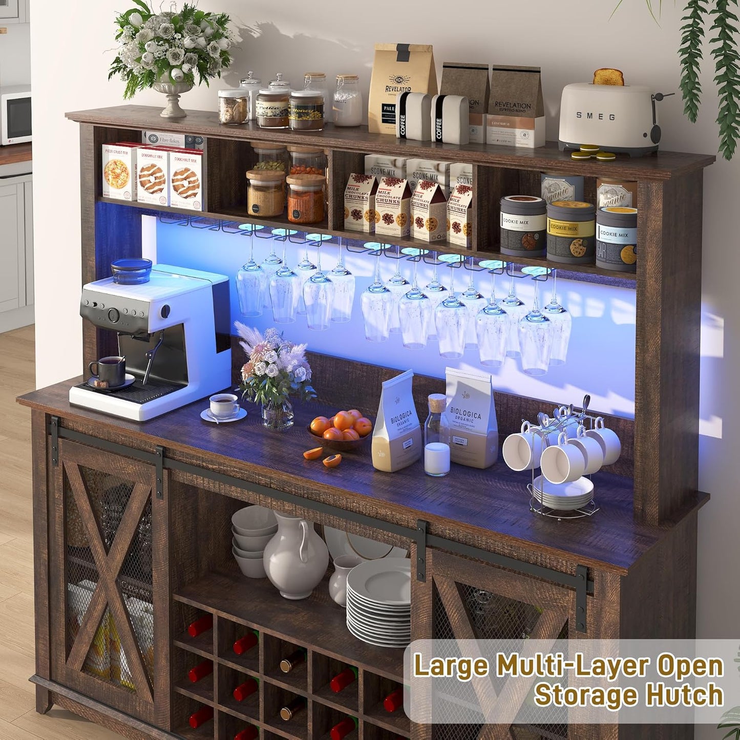 63"W Farmhouse Coffee Bar Cabinet with LED Light,Wine Bar Cabinet w/ 4 Tier Storage Hutch,Kitchen Buffet Cabinet w/Sliding Barn Door & 15 Wine and Glass Racks for Kitchen Dining Room(Brown)