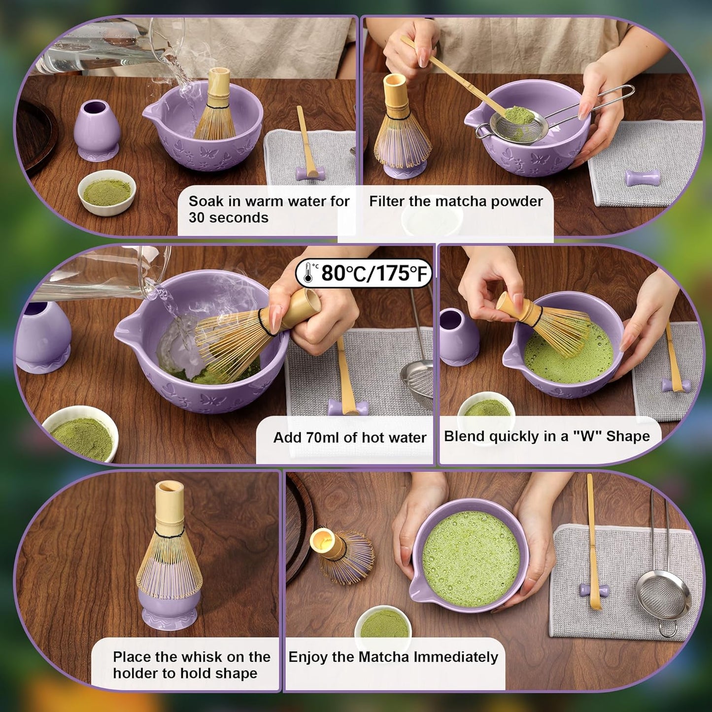 Matcha Whisk Ceramic Matcha Whisk Set Bamboo Whisk, Bowl With Spout, Powder Starter Sifter, Ceramic Whisk Holder, Tea Towel, Scoop and Scoop Rest for Matcha Tea Ceremony Purple