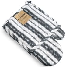 1 Oven Mitt, 1 PotHolder & 1 Kitchen Apron Set - Durable Heat Resistant Gloves - Thick Mittens for Kitchen - Suitable for Cooking, Baking, Grilling – for Men & Women – Black Stripes - Casa De Lan