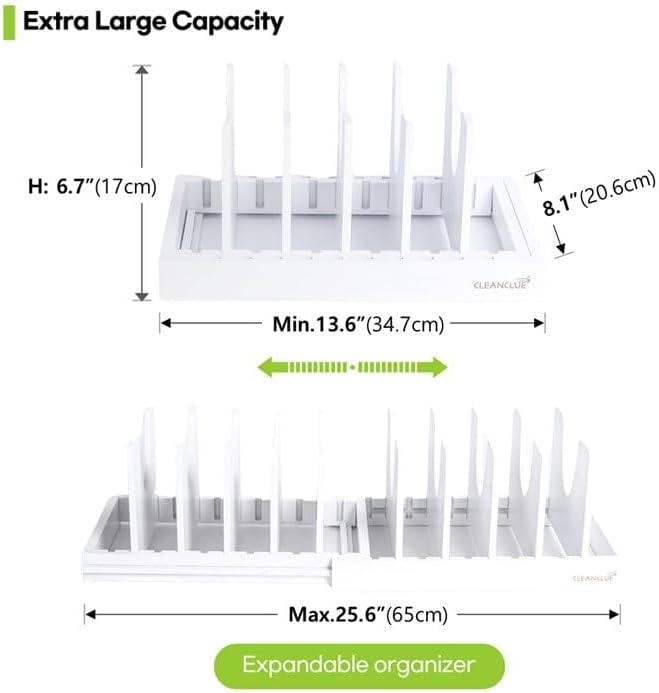 Pots and Pans Organizer under Cabinet, Bamboo Expandable Bakeware and Cutting Board Organizers, Adjustable Pot Lids Holder Rack, Cookie Sheet Baking Pan, Tray Organizer for Kitchen Storage (White)