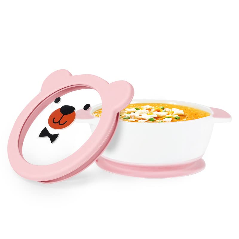 MR. CHOU Suction Baby Bowls with Leakproof Tempered Glass Lids for Babies & Toddlers, Ceramic First Stage Infant Feeding Supplies with Handles, 100% Food Grade Snack Cotainer for Kids, Pink