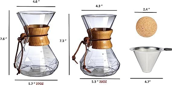 Pour Over Coffee Maker With Wood Sleeve，20oz/600mlPour Over Coffee Dripper,Pour Over Coffee Maker Set With Cork Stopper (20oz/600ml)