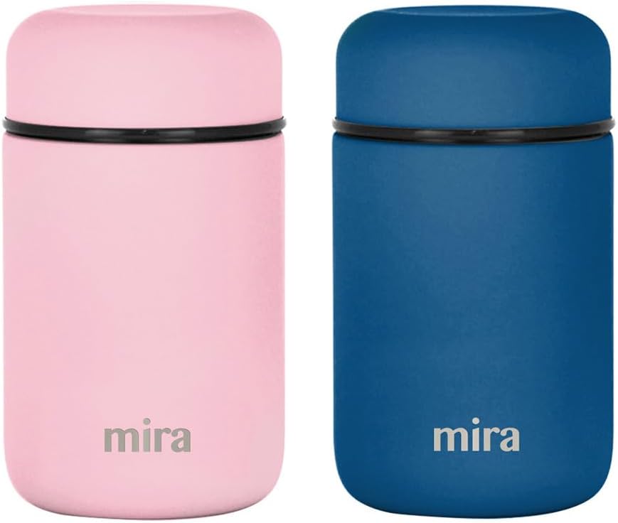MIRA 2 Pack Insulated Food Jar Thermos for Hot Food & Soup, Compact Stainless Steel Vacuum Lunch Container, 13.5 oz, Denim, Rose Pink
