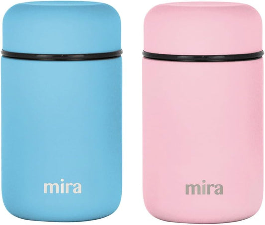 MIRA 2 Pack Insulated Food Jar Thermos for Hot Food & Soup, Compact Stainless Steel Vacuum Lunch Container, 13.5 oz, Pearl Blue, Rose Pink