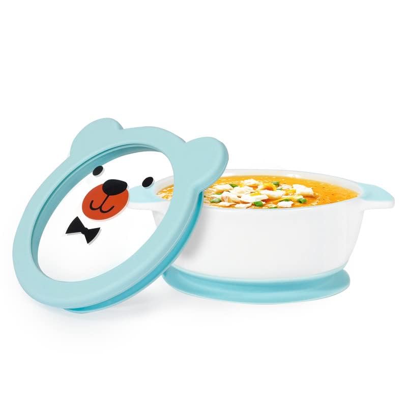 MR. CHOU Ceramic Baby Bowls with Suction Base, Infant Led Weaning Supplies with BPA Free Airtight Lid & Handles for Babies Self-feeding, 100% Food Grade Kid Bowls, Microwave & Dishwasher Safe, Blue