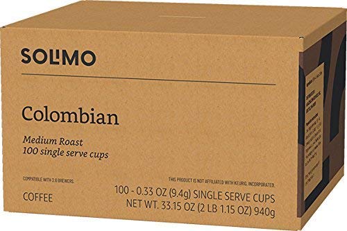 Amazon Brand - Solimo Medium Roast Coffee Pods, Colombian, Compatible with Keurig 2.0 K-Cup Brewers, 100 Count (Pack of 2)