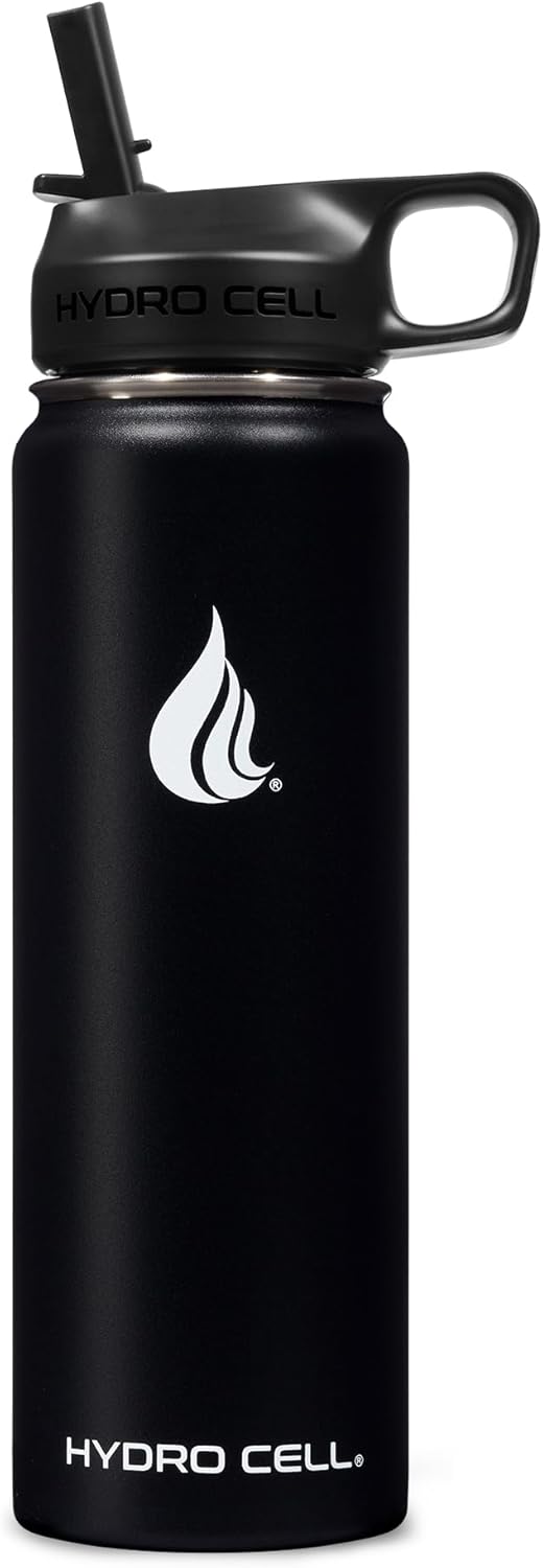 HYDRO CELL Stainless Steel Insulated Water Bottle with Straw - For Cold & Hot Drinks - Metal Vacuum Flask with Screw Cap and Modern Leakproof Sport Thermos for Adults (Black 24oz)