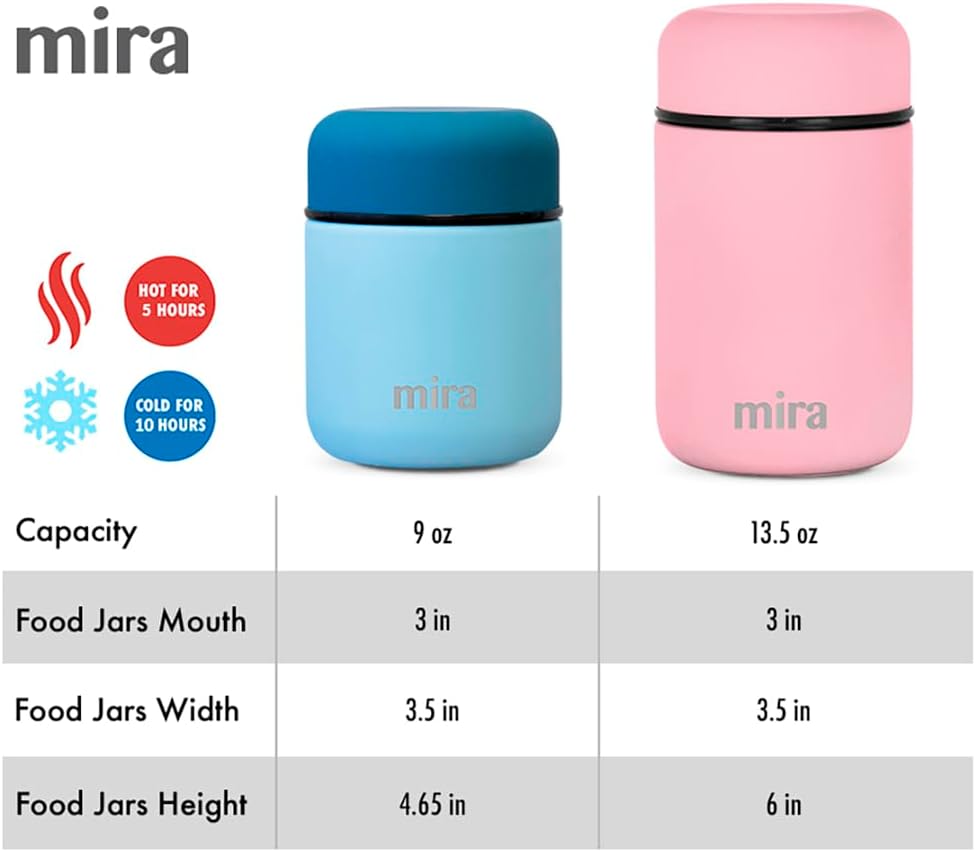 MIRA 2 Pack Insulated Food Jar Thermos for Hot Food & Soup, Compact Stainless Steel Vacuum Lunch Container, 13.5 oz, Cactus Green, Denim
