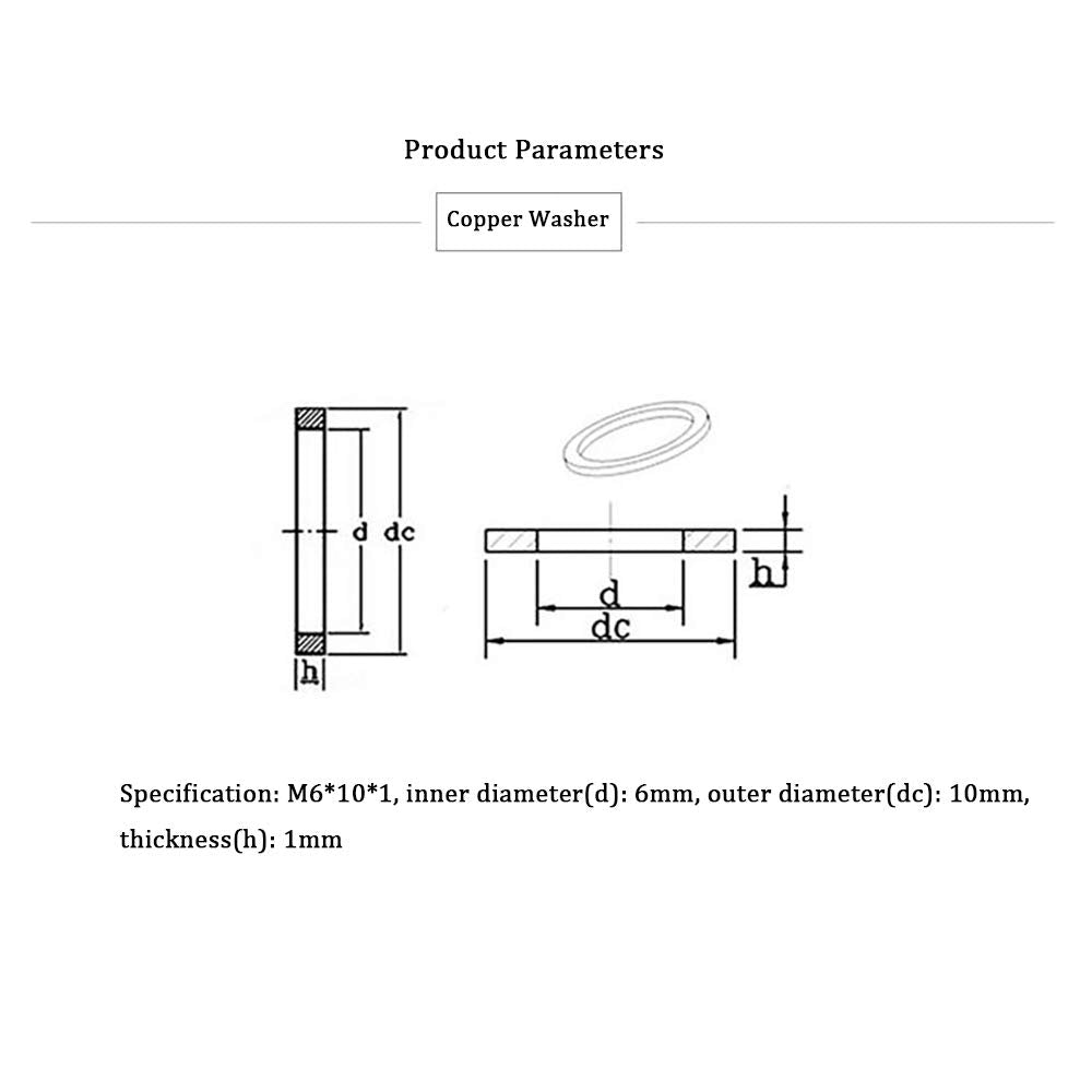 M6 Flat Washer Copper Sealing Ring, 6mm ID 10mm OD 1mm Thickness Metric Sealing Gasket, 100 Pieces