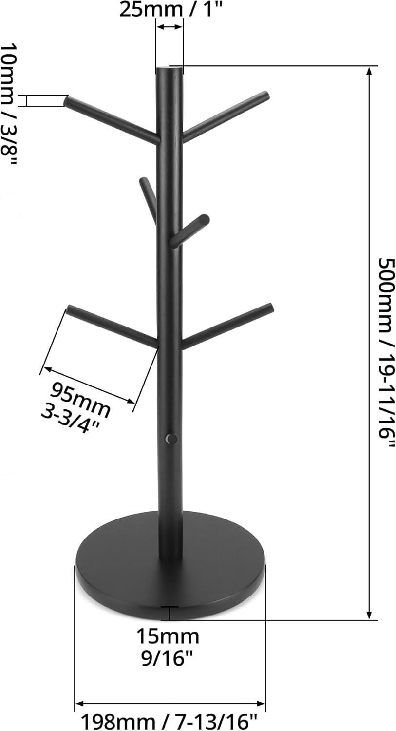QWORK Wooden Mug Holder Tree with 8 Hooks - Black, Non-Slip Padded Base, Multipurpose Organizer for Mugs, Donuts, and Jewelry