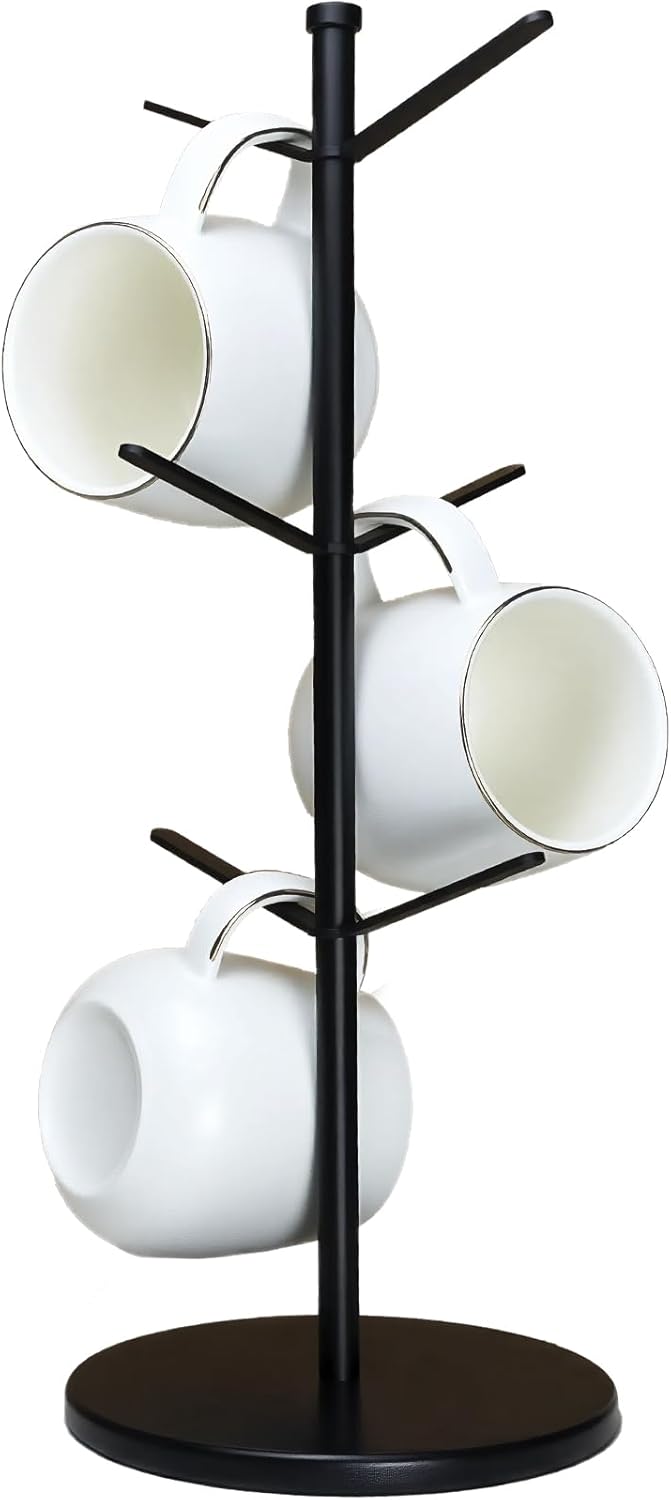 Premium Mug Tree, 6 Hooks Upgraded Stable Metal Mug Holder, Bamboo Base Coffee Mug Cup Rack for Counter Top, Mug Display, Home Storage and Cup Organizer, Black