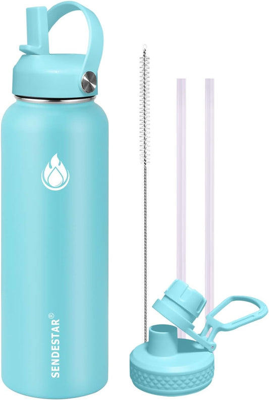 SENDESTAR Stainless Steel Water Bottle, Wide Mouth 32 oz Water Bottle with Straw Lid, Spout Lid, Double Wall Vacuum Insulated Leak Proof, Keeps Liquids Hot or Cold (Sky Blue)